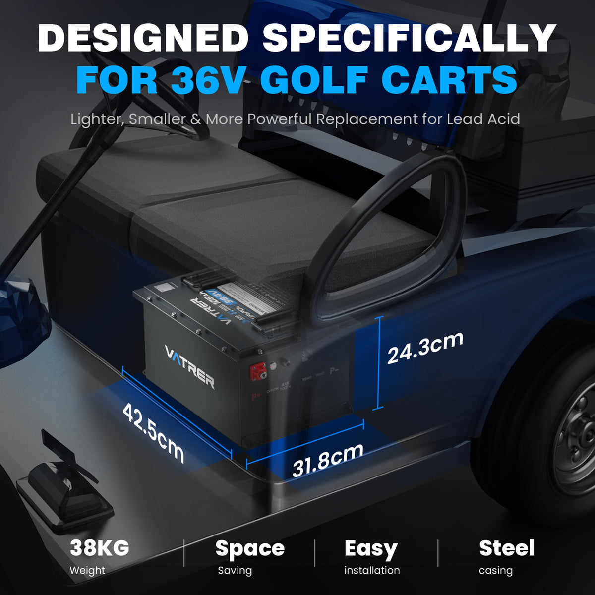 Vatrer 36V 105AH LiFePO4 Golf Cart Battery, 200A BMS, 4000+ Cycles, Max 7.68kW Power Output Lithium Battery EU