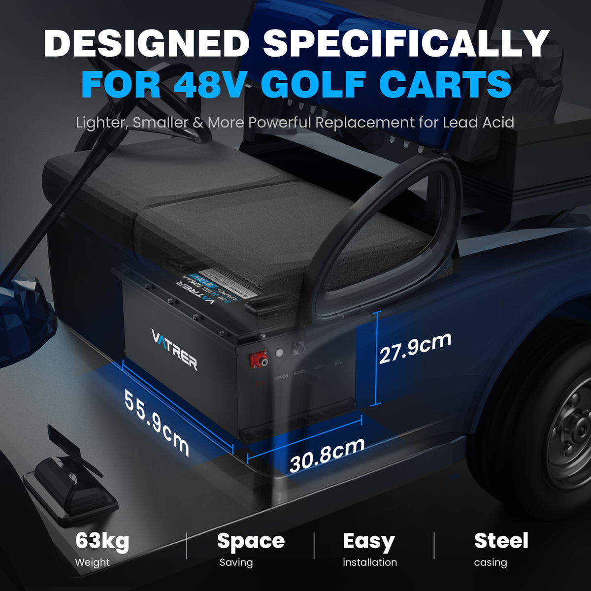 Vatrer 48V 150Ah Lithium-Golfwagen-Batterie mit hoher Kapazität, 200A BMS, 7680Wh, max. 10,24kW Leistungsabgabe