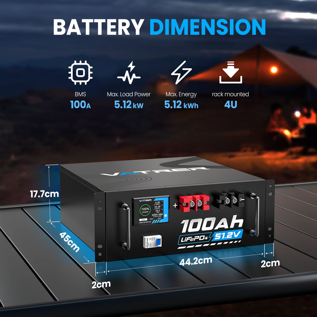 Vatrer 51.2V 100Ah LiFePO4 Lithium Solar Battery, Built-In 100A BMS, Max. 5120W Load Power, Bluetooth Version EU