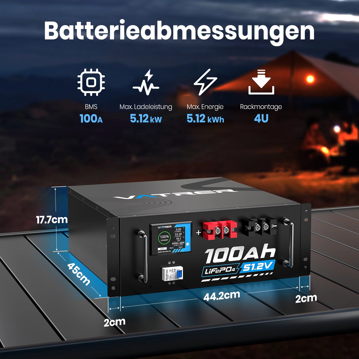 Vatrer 51,2V 100Ah LiFePO4 Lithium Solarbatterie, integriertes 100A BMS, max. 5120W Ladeleistung, Bluetooth-Version