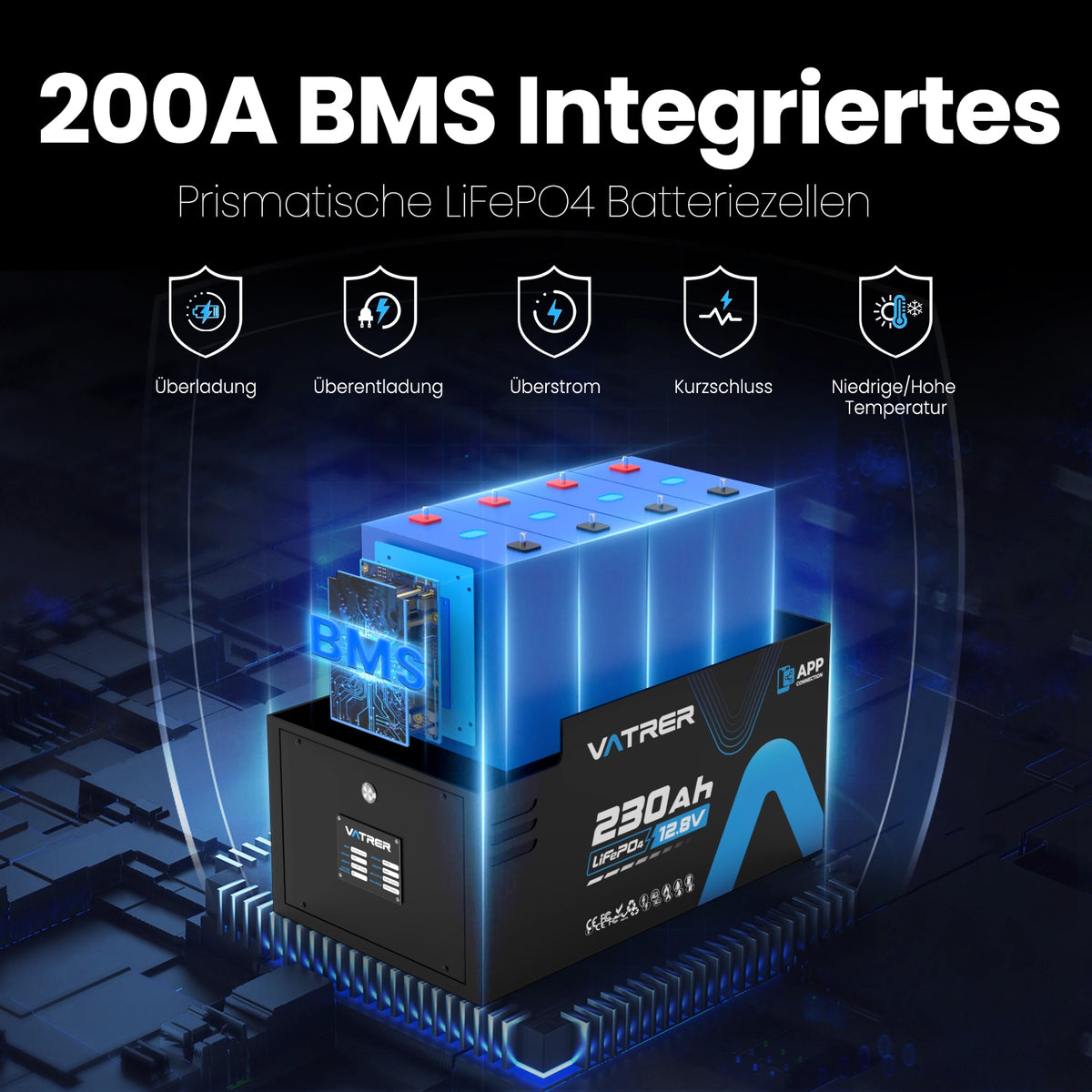 Vatrer 12V 230Ah Wohnmobil Batterie Bluetooth Version, 200A BMS, Niedrigtemperatur-Abschaltung, LiFePO4-Chemie