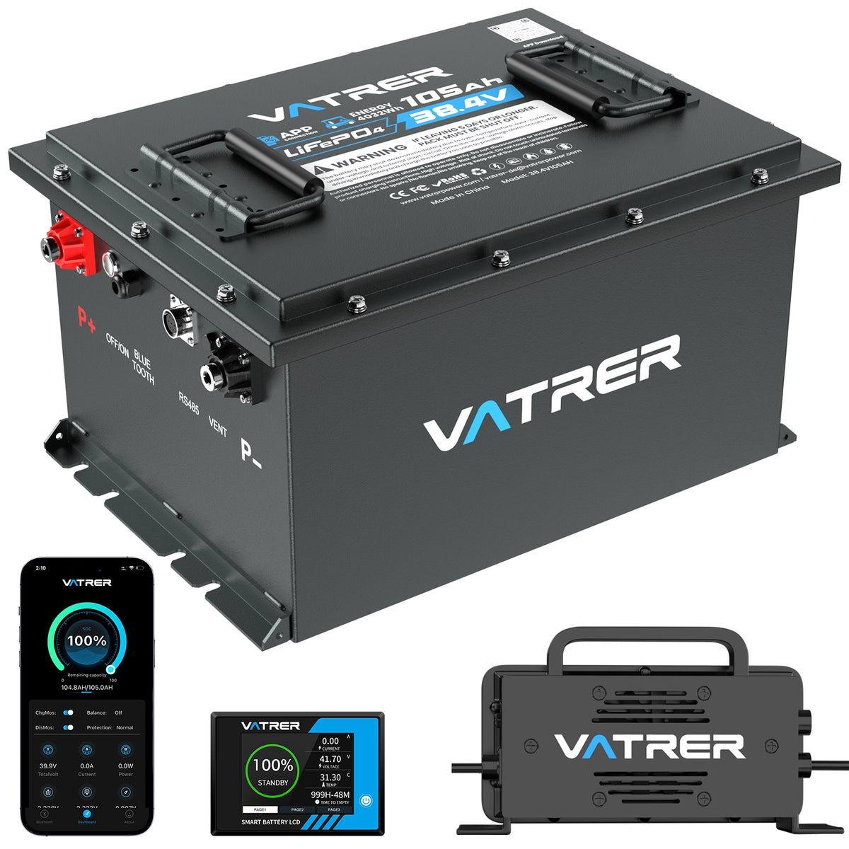 Vatrer 36V 105AH LiFePO4 Golf Cart Batterie, 200A BMS, 4,000+ Zyklen, Max 7.68kW Ausgangsleistung Lithium Batterie