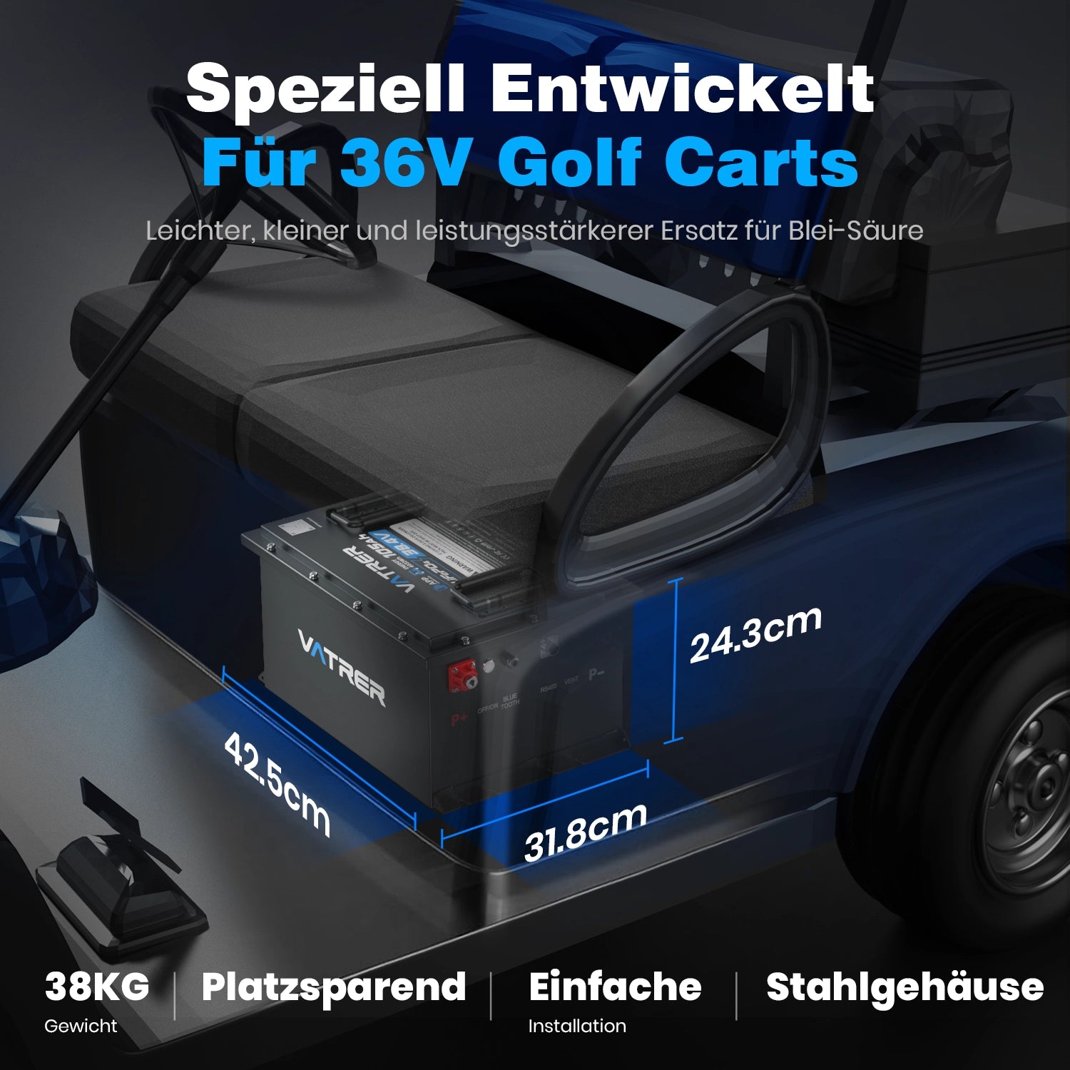 Vatrer 36V 105AH LiFePO4 Golf Cart Batterie, 200A BMS, 4,000+ Zyklen, Max 7.68kW Ausgangsleistung Lithium Batterie