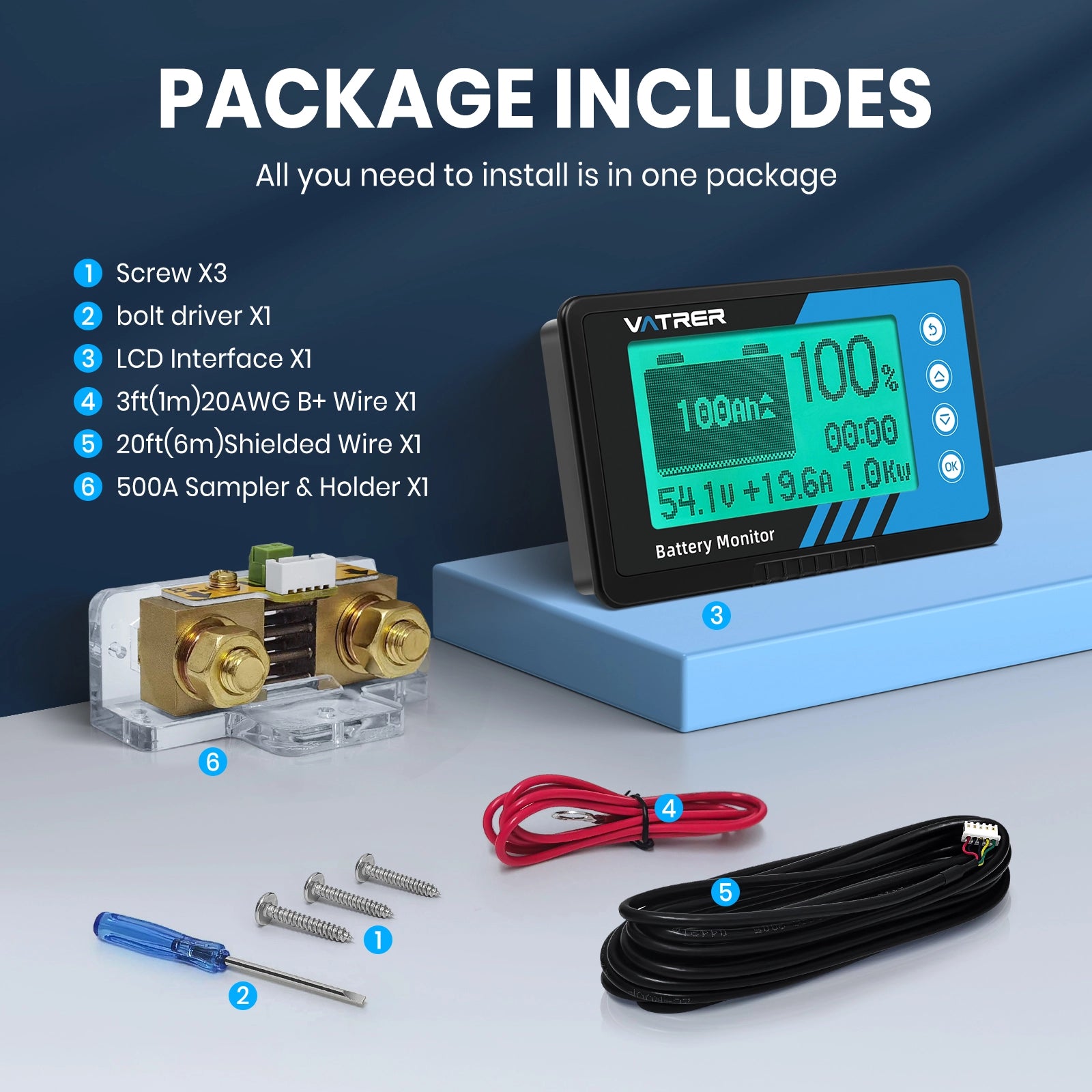 Vatrer 500A Battery Monitor with Shunt for Use as Voltmeter and Ammeter EU