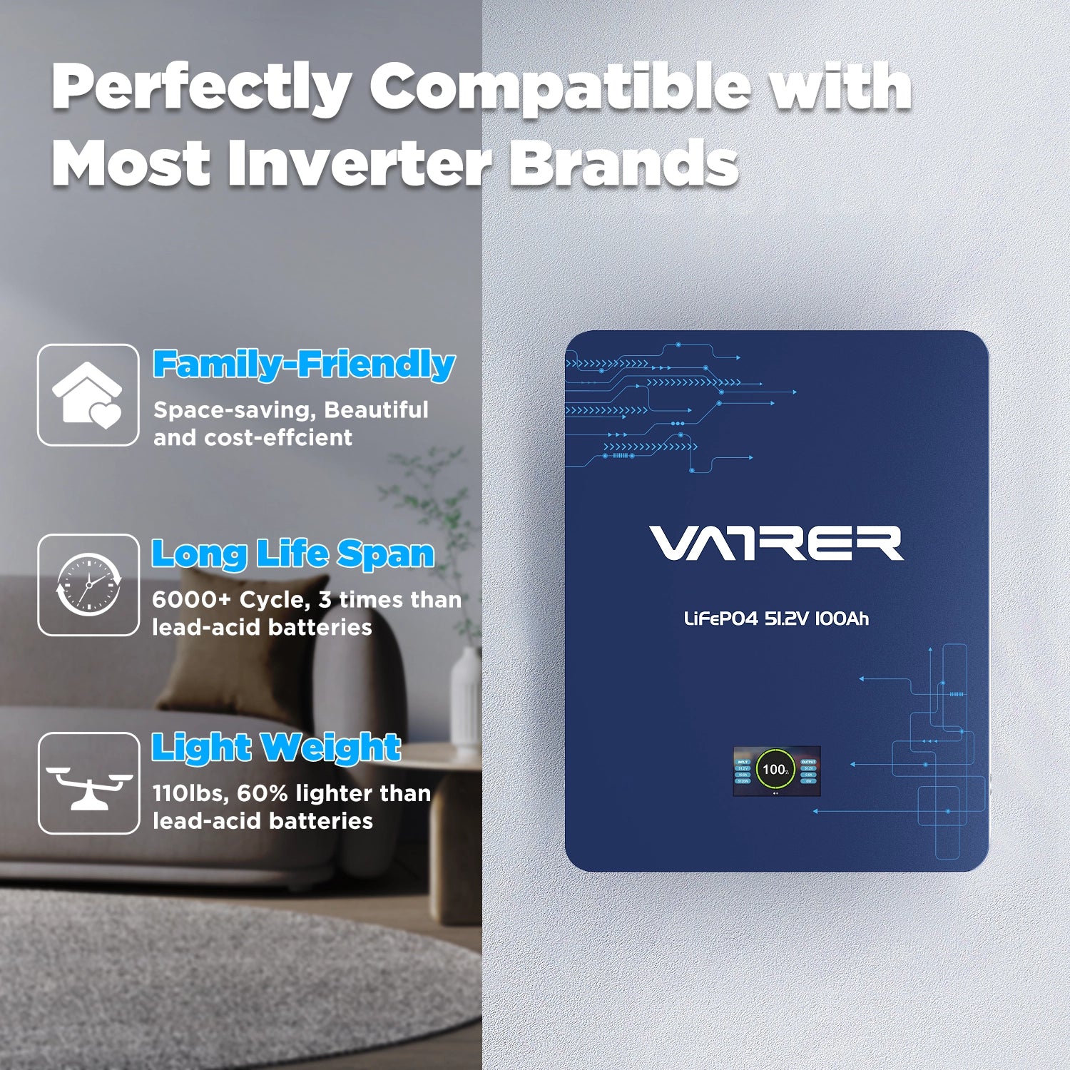 Vatrer 48V (51.2V) Wall-Mounted LiFePO4 Solar Battery EU