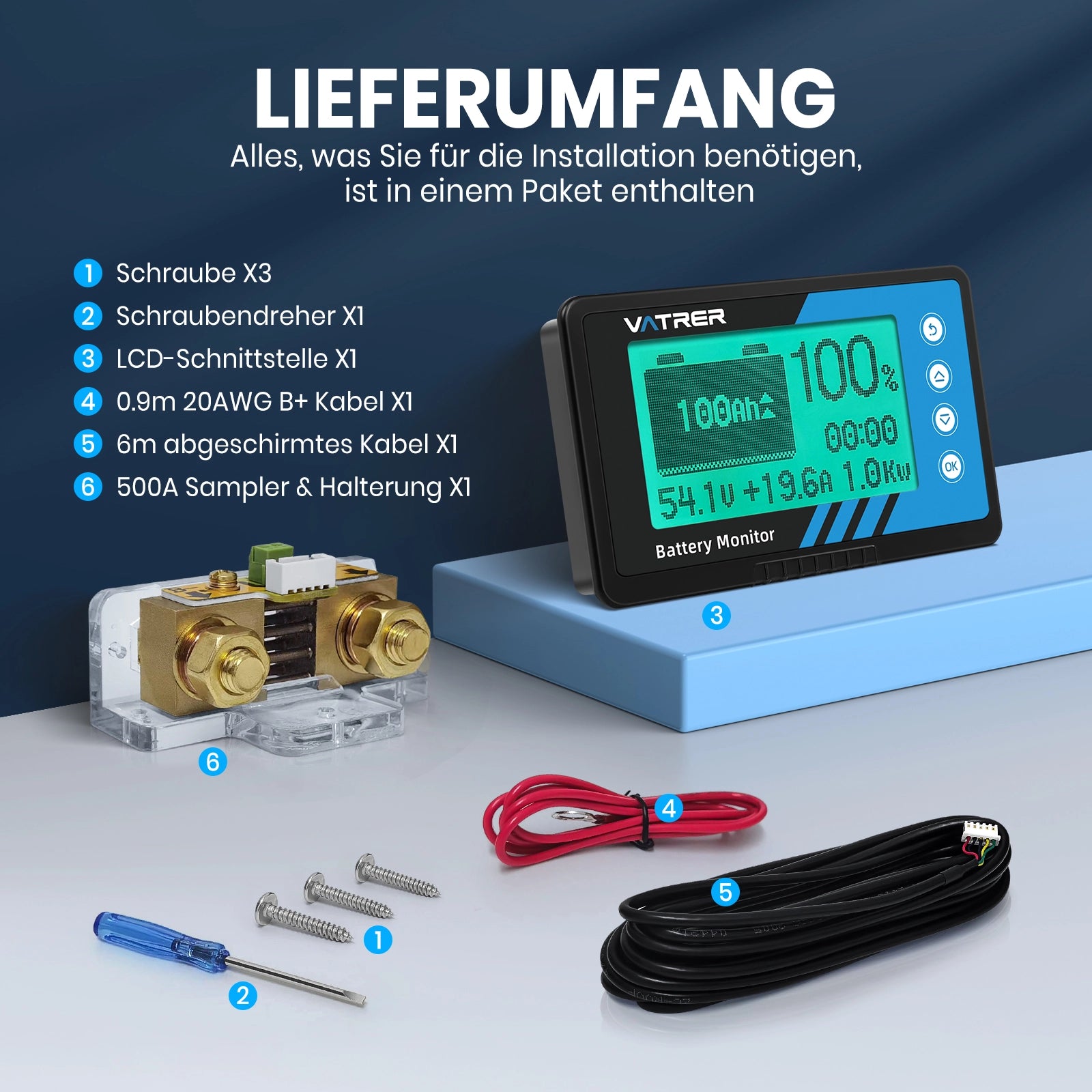 Vatrer 500A Batterie-Monitor mit Shunt zur Verwendung als Voltmeter und Amperemeter DE