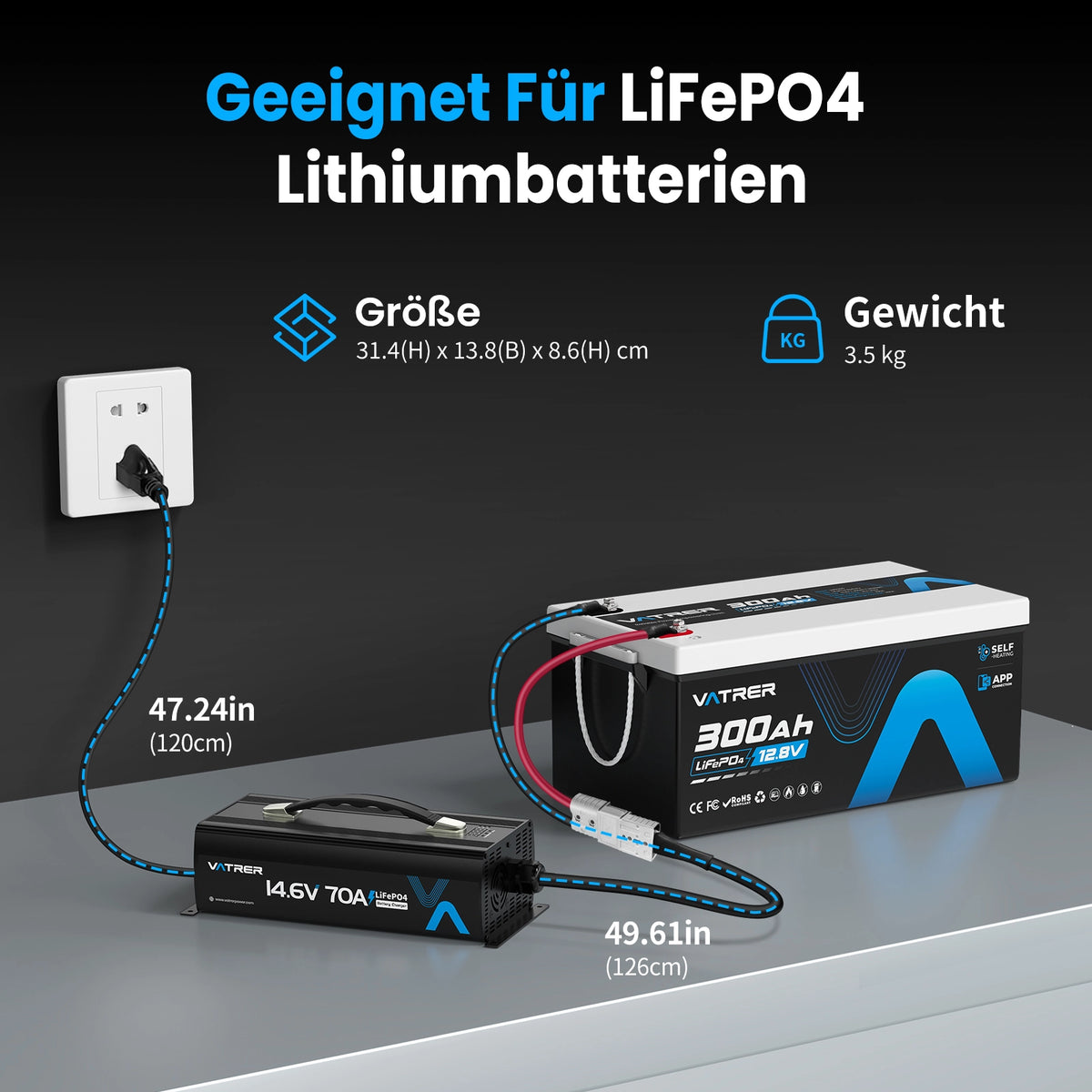 Vatrer 14,6V 70A schnelles AC-DC 12V LiFePO4-Akkuladegerät