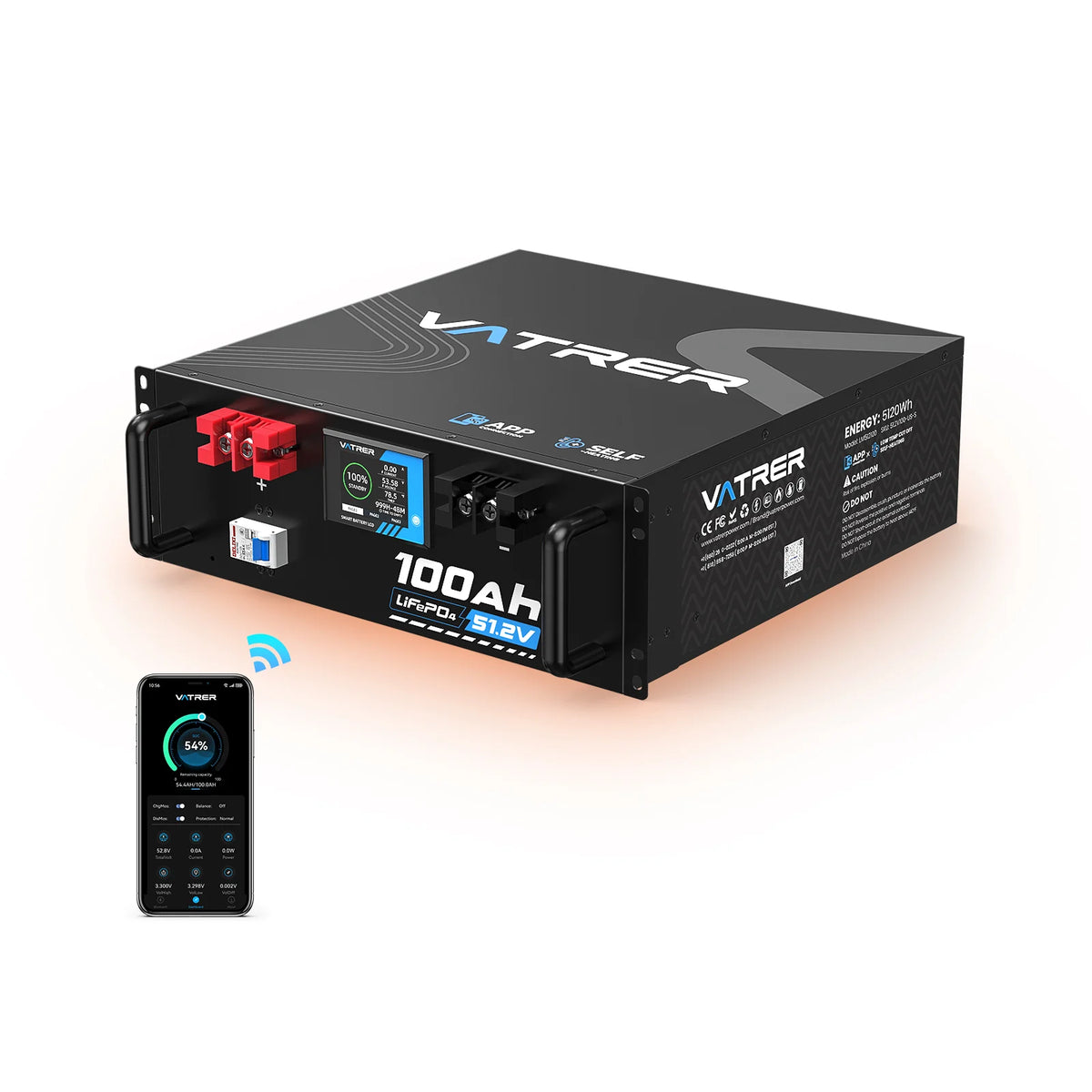 Vatrer 48V(51.2V) 100Ah Heated Lithium Solar Battery, Max 5120W Load Power EU