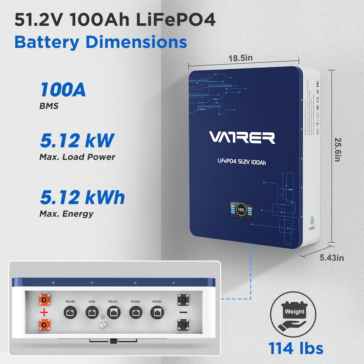 Vatrer 48V (51.2V) Wall-Mounted LiFePO4 Solar Battery EU