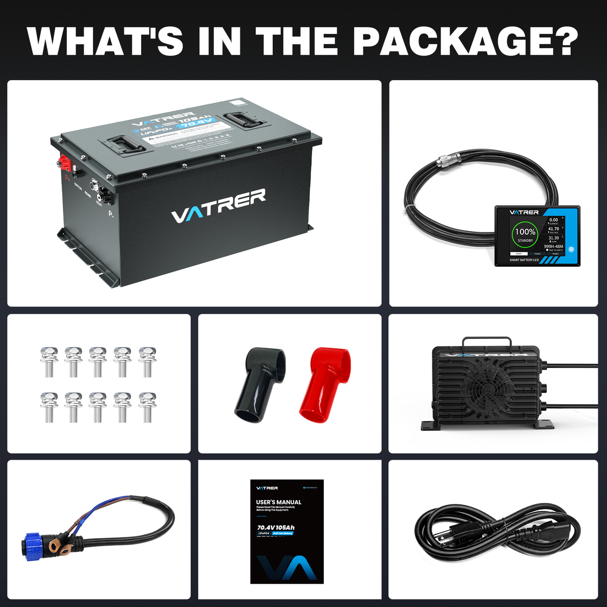 Vatrer 72V 105AH Lithium Golf Cart Battery, Built-in 200A BMS, 4000+ Cycles LiFePO4 Battery, 14.08kW Output EU