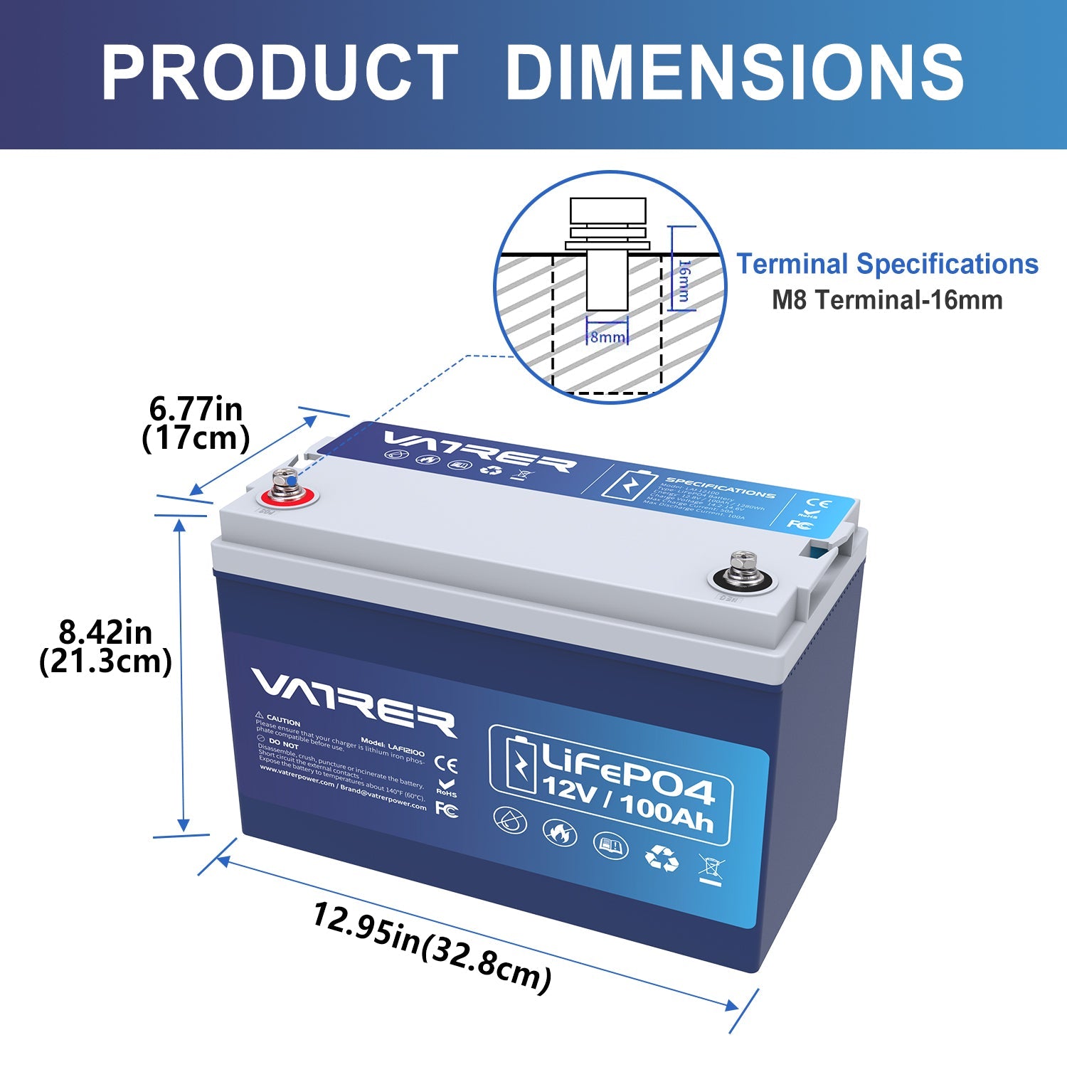 Vatrer 12V 100Ah Niedrige Temperatur Abschaltung Lifepo4 Lithium Batterie