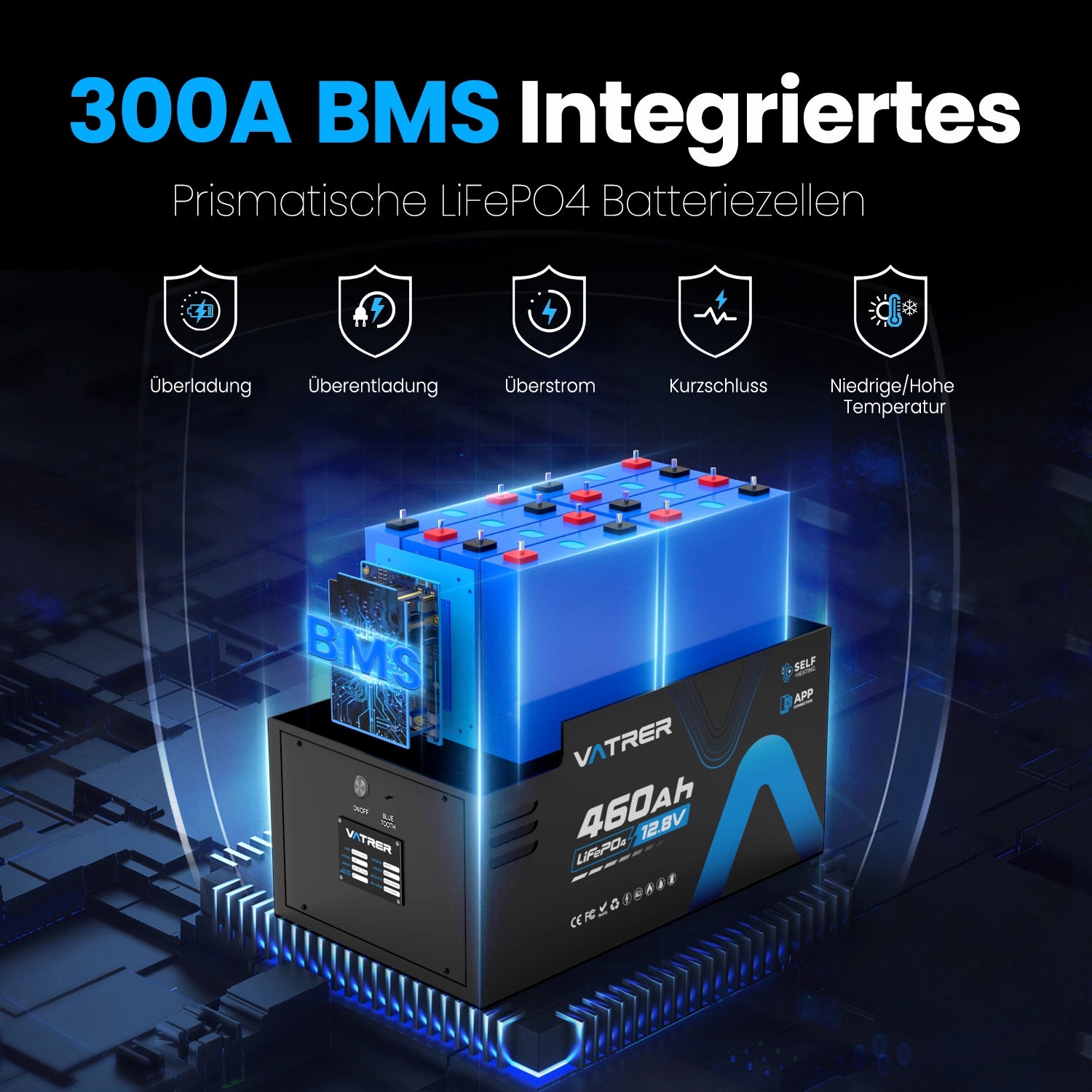 Vatrer 12V 460AH 300A BMS Niedrigtemperatur-Abschaltung LiFePO4 Selbsterhitzende RV-Batterie