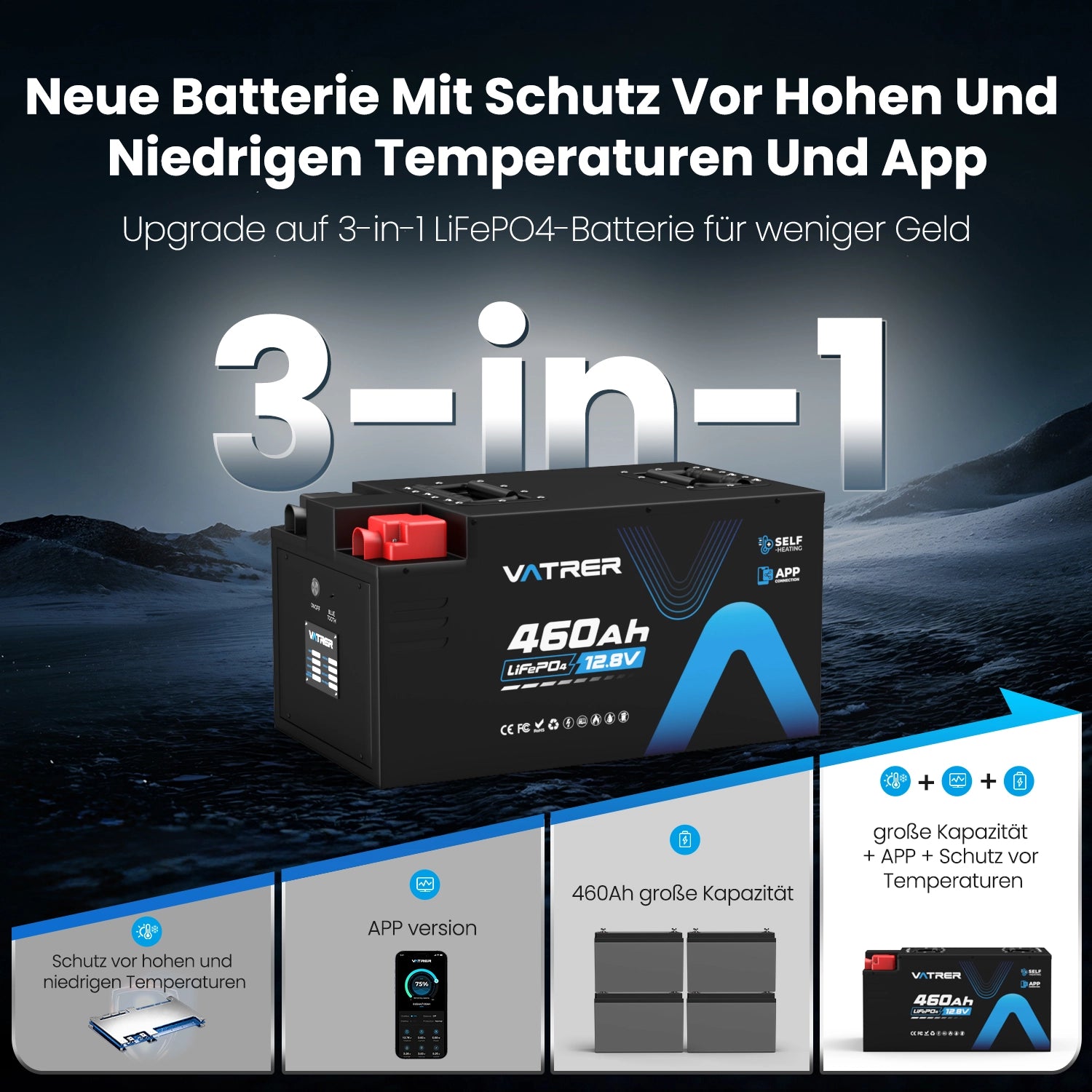 Vatrer 12V 460AH 300A BMS Niedrigtemperatur-Abschaltung LiFePO4 Selbsterhitzende RV-Batterie