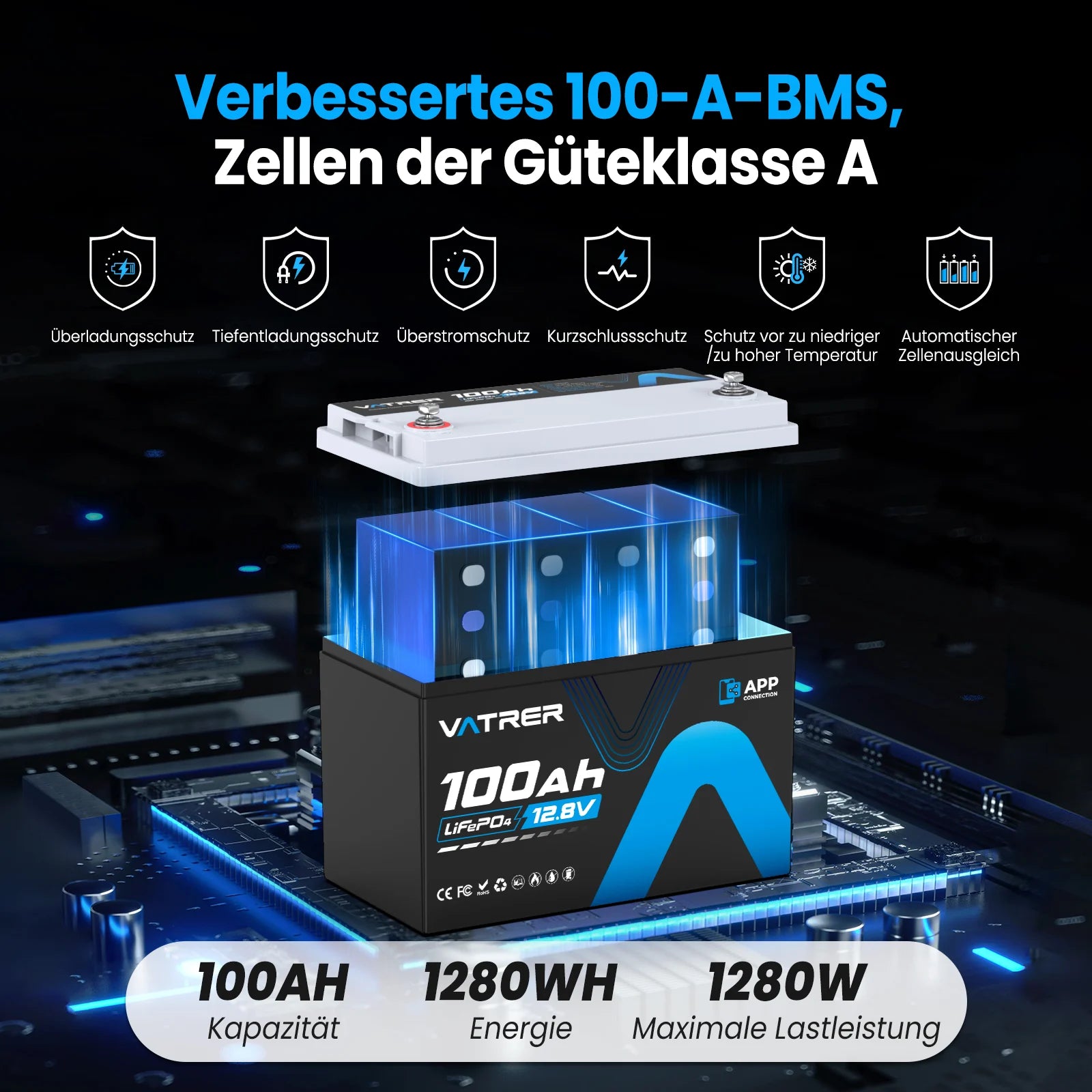 Vatrer 12V 100Ah LiFePO4 Lithium Akku mit Bluetooth, Abschaltung bei niedriger Temperatur