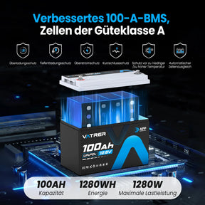 Vatrer 12V 100Ah LiFePO4 Lithium Akku mit Bluetooth, Abschaltung bei niedriger Temperatur