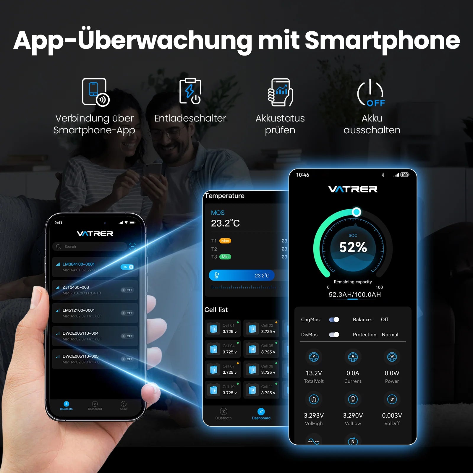 Vatrer 12V 100Ah LiFePO4 Lithium Akku mit Bluetooth, Abschaltung bei niedriger Temperatur