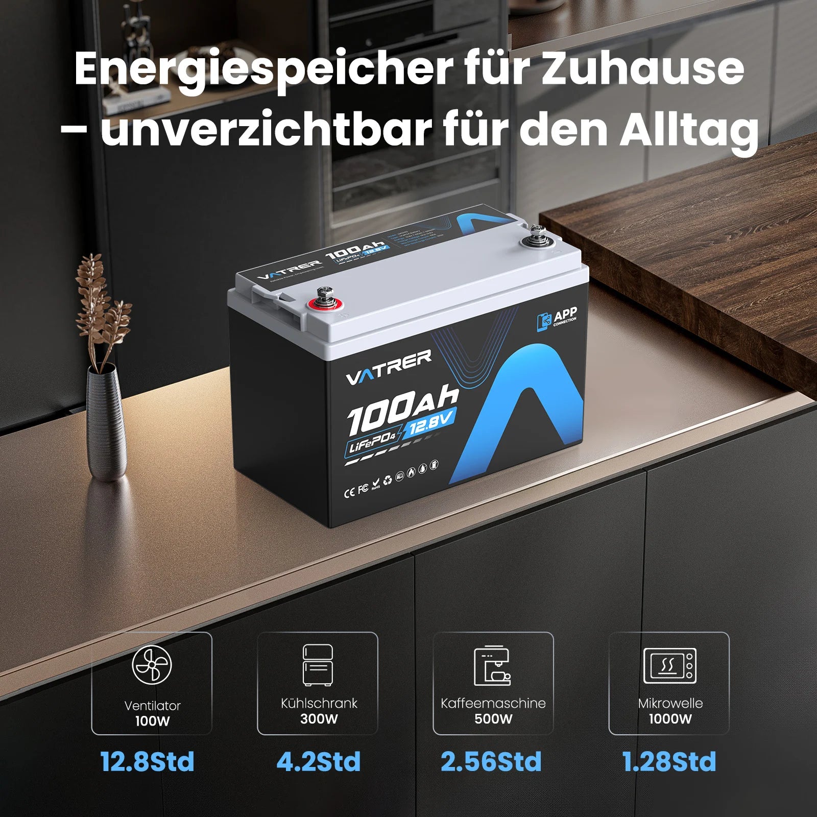 Vatrer 12V 100Ah LiFePO4 Lithium Akku mit Bluetooth, Abschaltung bei niedriger Temperatur
