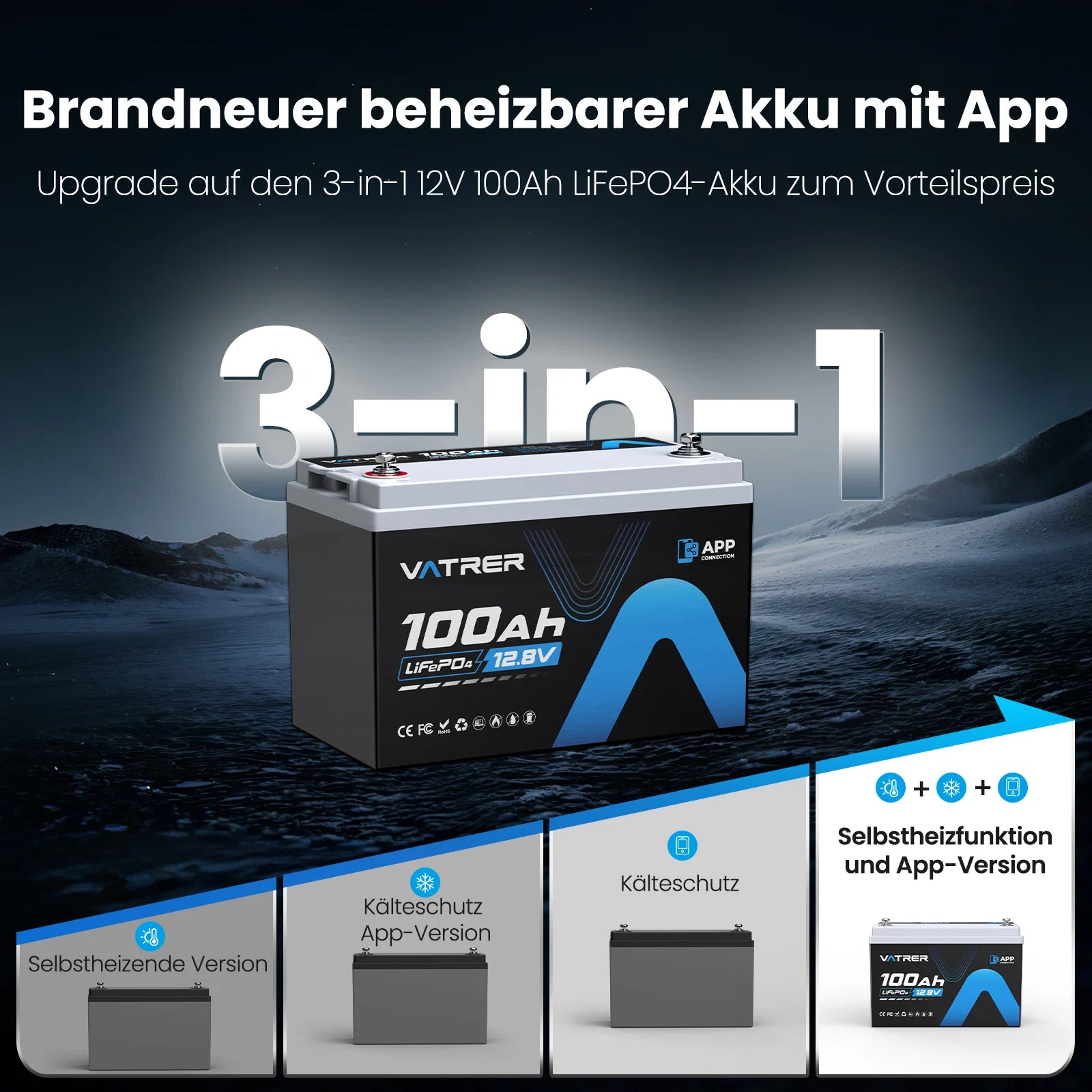 Vatrer 12V 100Ah LiFePO4 Lithium Akku mit Bluetooth, Abschaltung bei niedriger Temperatur