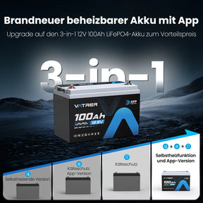 Vatrer 12V 100Ah LiFePO4 Lithium Akku mit Bluetooth, Abschaltung bei niedriger Temperatur