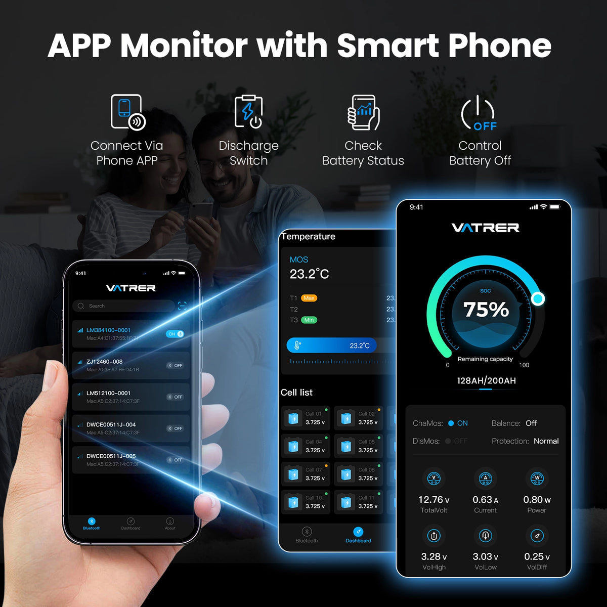 Vatrer 12V 200Ah LiFePO4 Lithiumbatterie Selbstheizfunktion Bluetooth 200A BMS