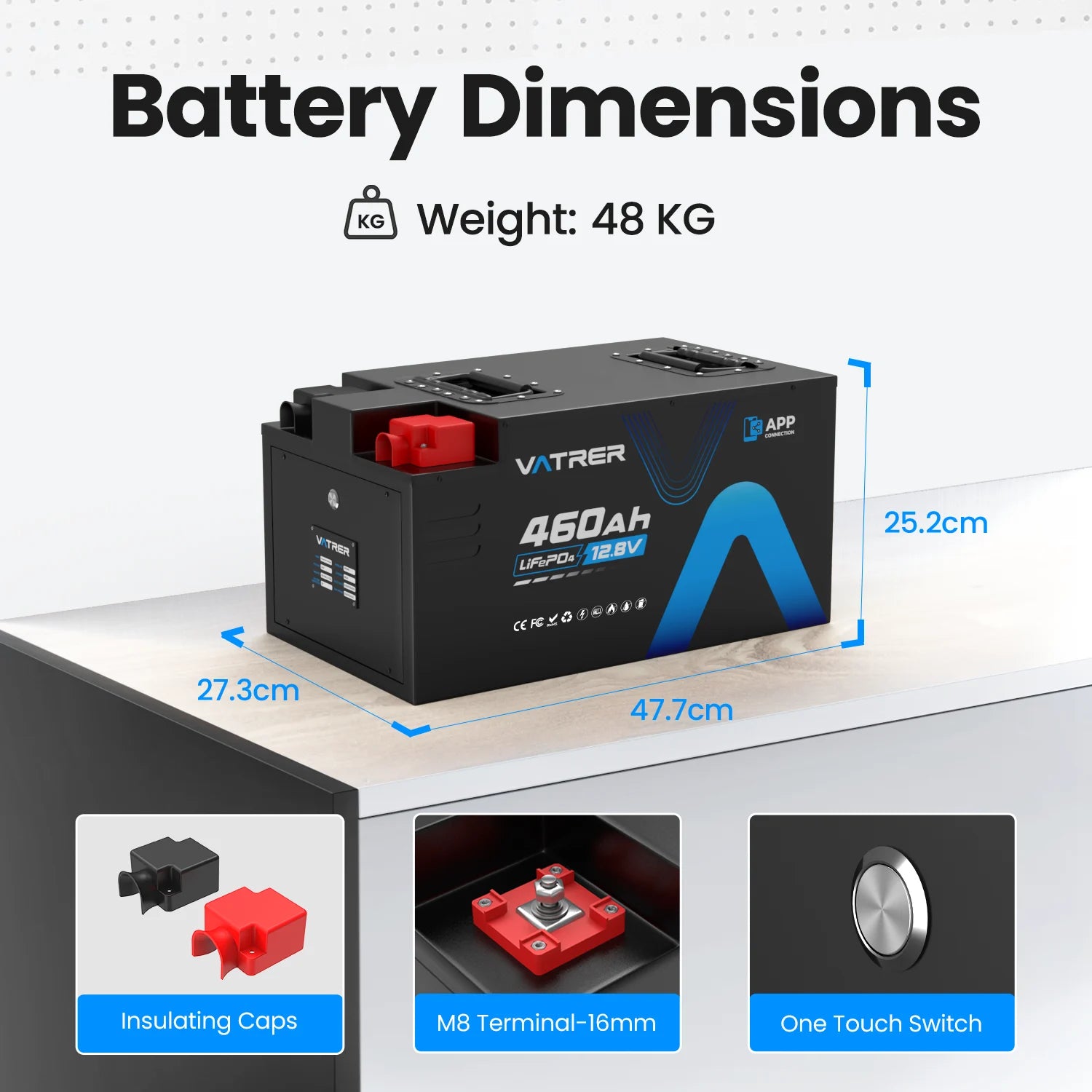 Vatrer 12V 460AH 300A BMS Low Temp Cutoff LiFePO4 RV Battery Bluetooth Version EU 