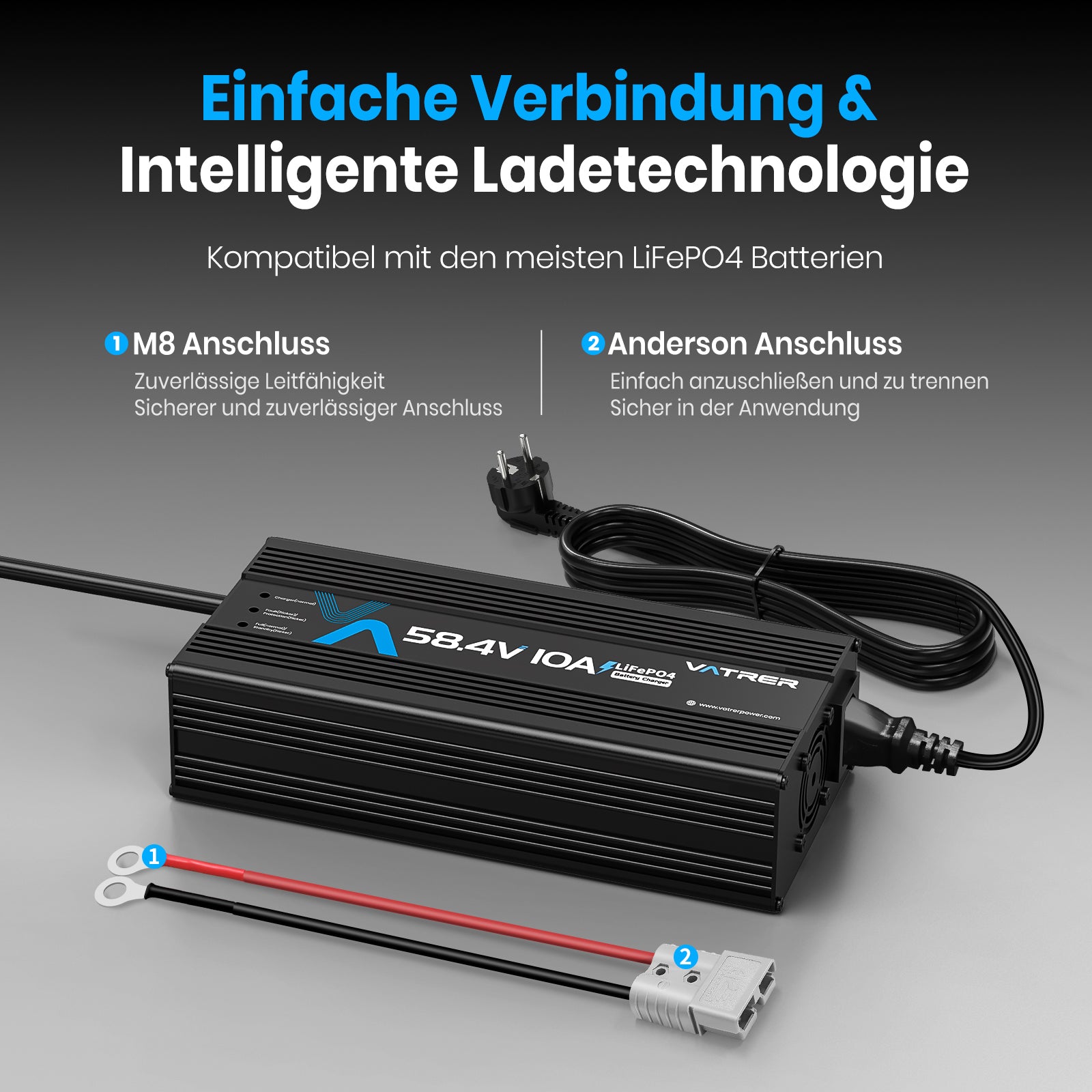 Vatrer 48V Lithium Batterie ladegerät, 58,4V 10A AC-DC LiFePO4 Smart-Batterieladegerät