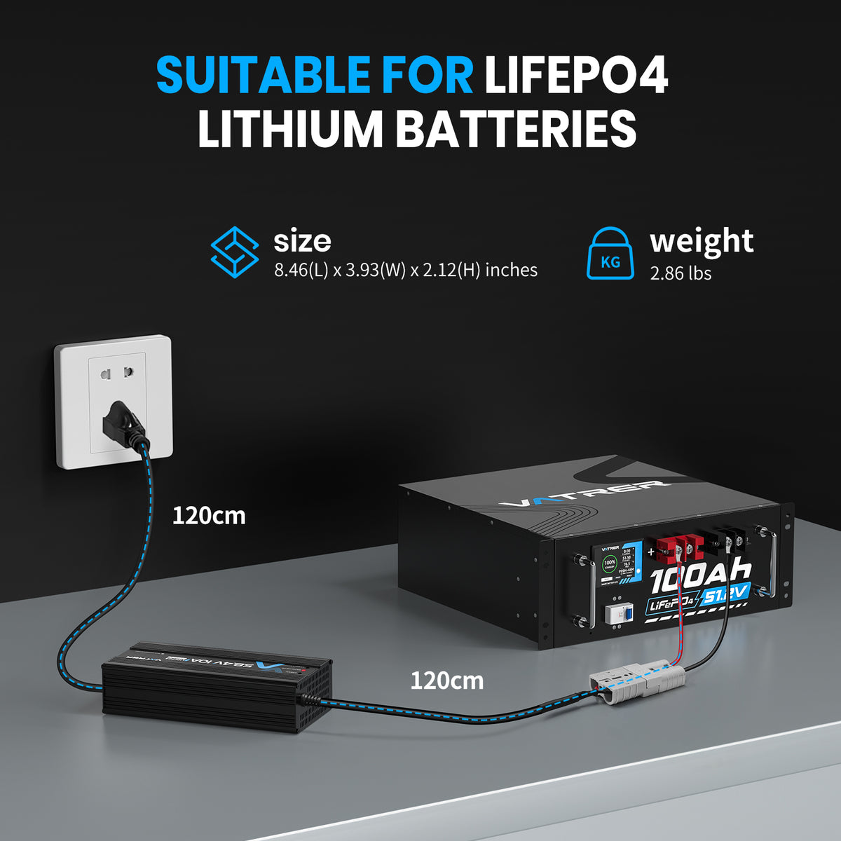Vatrer 48V Lithium Battery Charger, 58.4V 10A AC-DC LiFePO4 Smart Battery Charger EU 