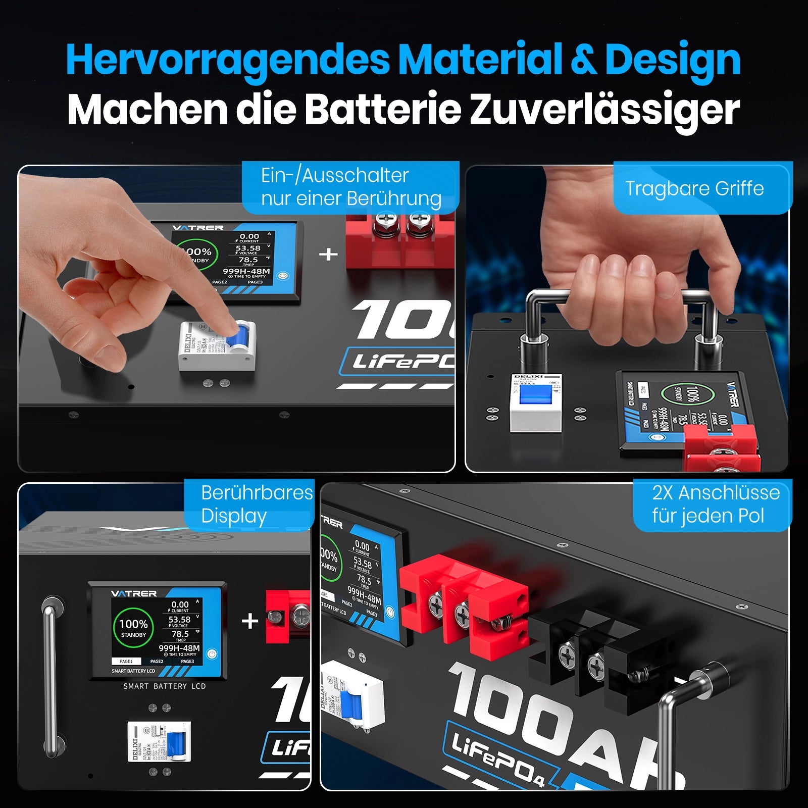 Vatrer 51,2V 100Ah LiFePO4 Lithium Solarbatterie, integriertes 100A BMS, max. 5120W Ladeleistung, Bluetooth-Version