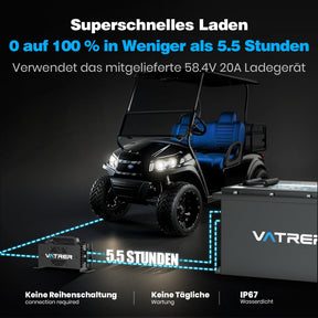 Vatrer 48V 105Ah LiFePO4 Golfwagen Akku, integriertes 200A BMS, wiederaufladbarer Lithium-Akku mit mehr als 4.000 Zyklen, max. 10,24 kW Ausgangsleistung