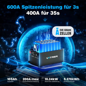 Vatrer 48V 105Ah LiFePO4 Golfwagen Akku, integriertes 200A BMS, wiederaufladbarer Lithium-Akku mit mehr als 4.000 Zyklen, max. 10,24 kW Ausgangsleistung