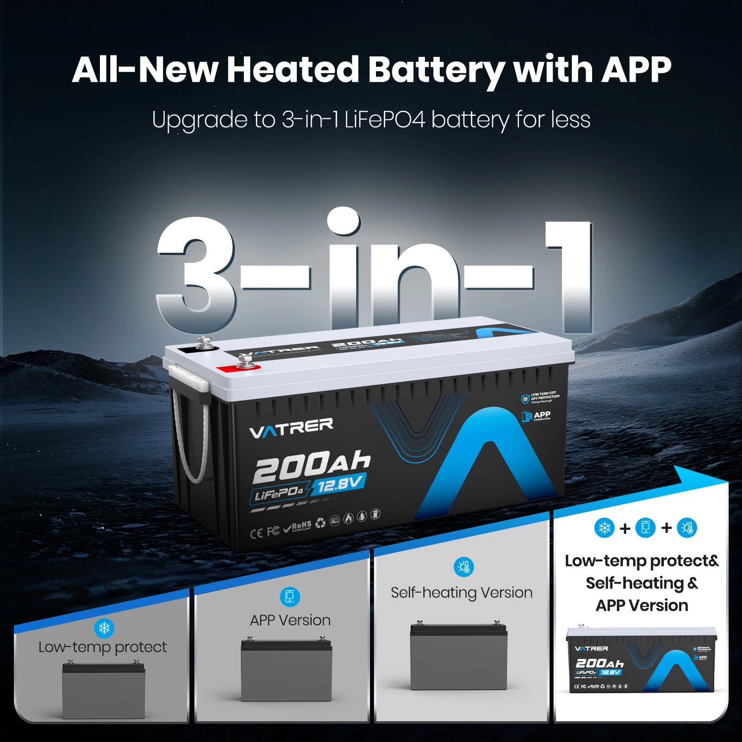 Vatrer 12V 200Ah Bluetooth LiFePO4 Self-Heating Lithium Battery 200A BMS EU