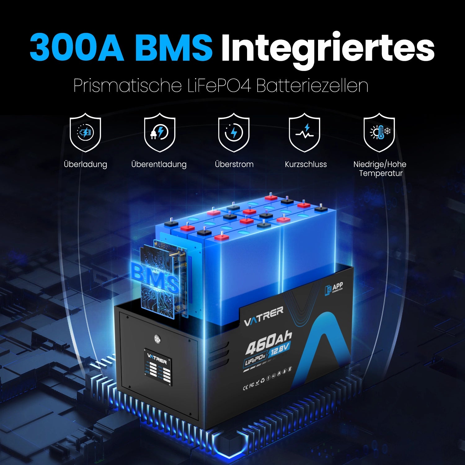 Vatrer 12V 460AH 300A BMS Lithium batterien Niedrigtemperatur-Abschaltung LiFePO4 RV-Batterie Bluetooth-Version
