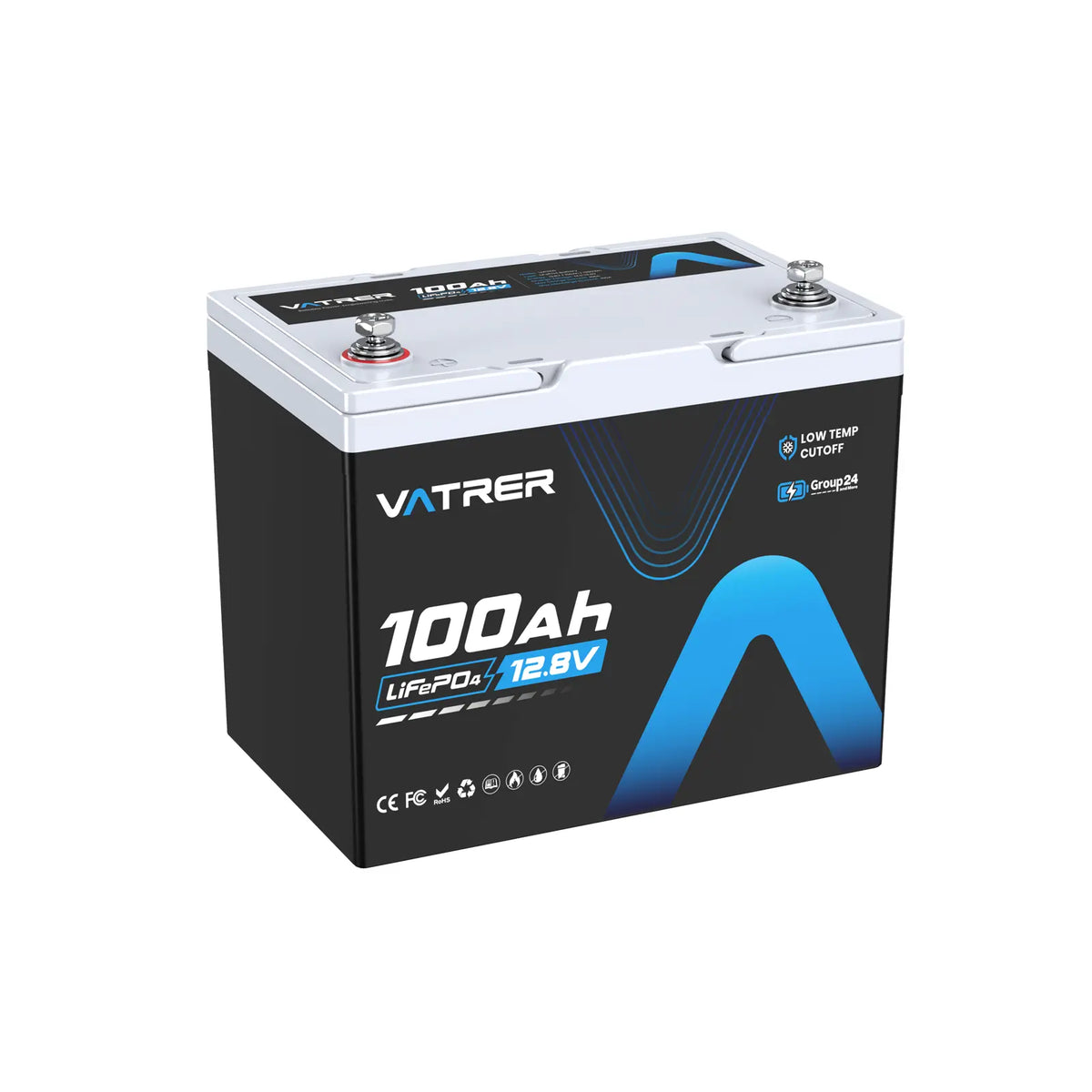 Vatrer 12V 100Ah  Group 24 Lithium Batterie, 100A BMS Low Temp LiFePO4 Batterie