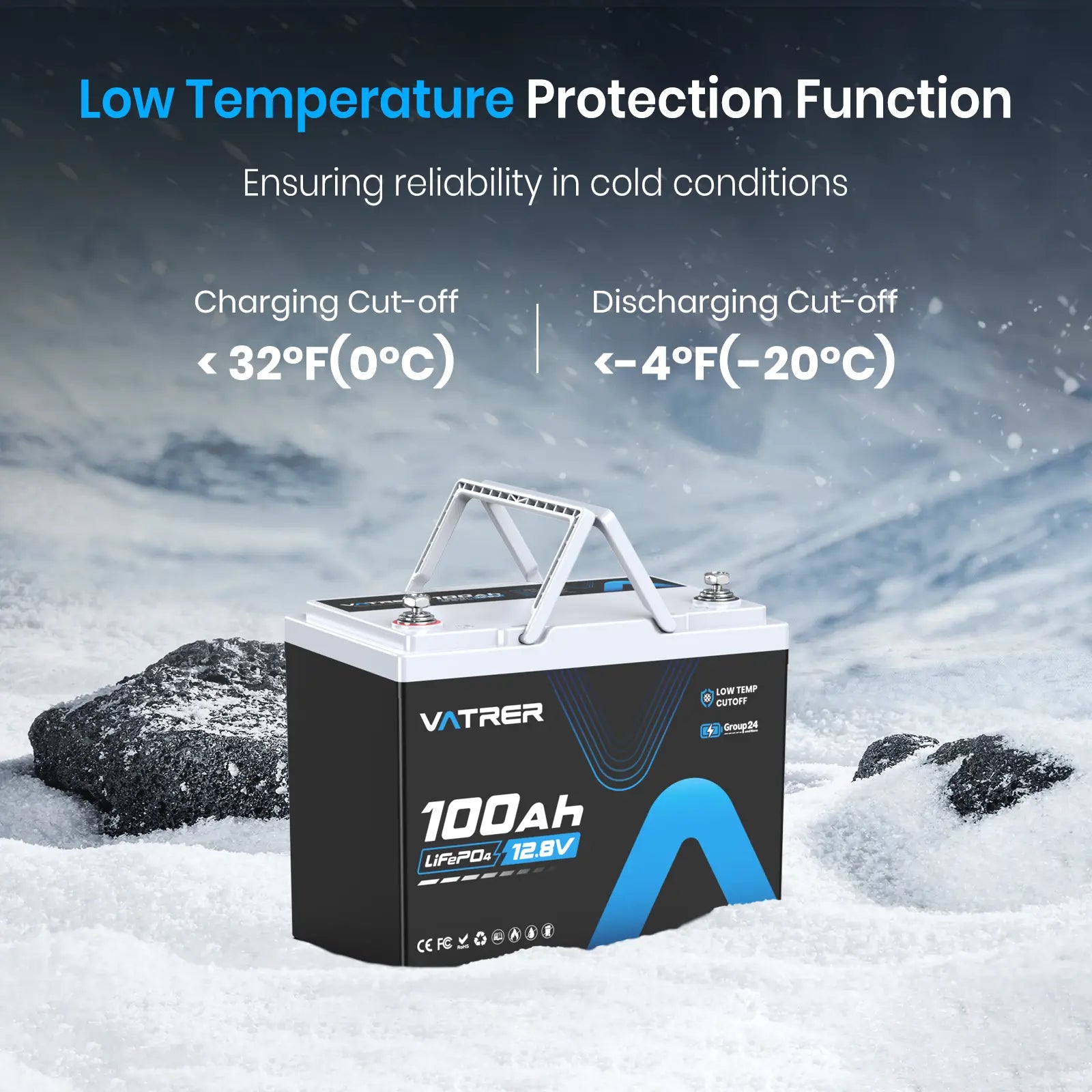 Vatrer 12V 100Ah Group 24 Lithium Battery, 100A BMS Low Temp LiFePO4 Battery EU
