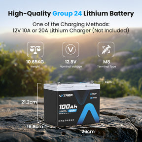 Vatrer 12V 100Ah Group 24 Lithium Battery, 100A BMS Low Temp LiFePO4 Battery EU