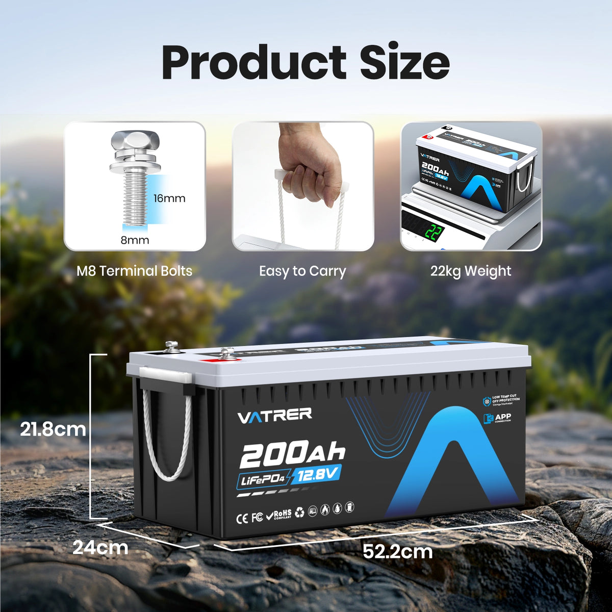 Vatrer 12V 200Ah Plus Lithium batterie mit Bluetooth 200A BMS