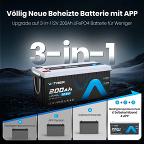 Vatrer 12V 200Ah Bluetooth LiFePO4 Selbsterhitzende Lithiumbatterie 200A BMS
