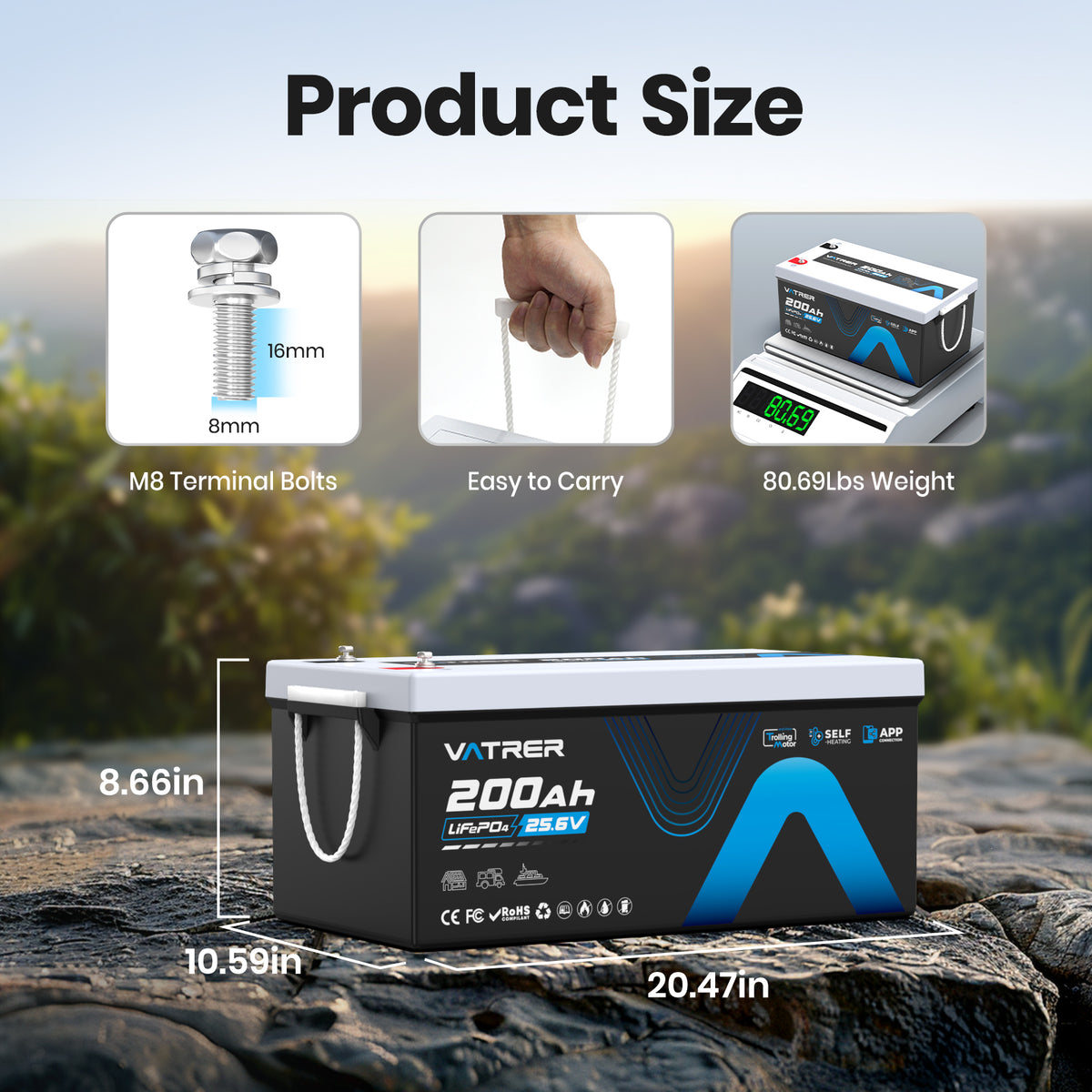 Vatrer 24V 200Ah Lithium batterie selbstheizende Bluetooth Version, integriertes 200A BMS, 5000+Zyklen – LiFePO4-Batterien mit Abschaltung bei niedriger Temperatur