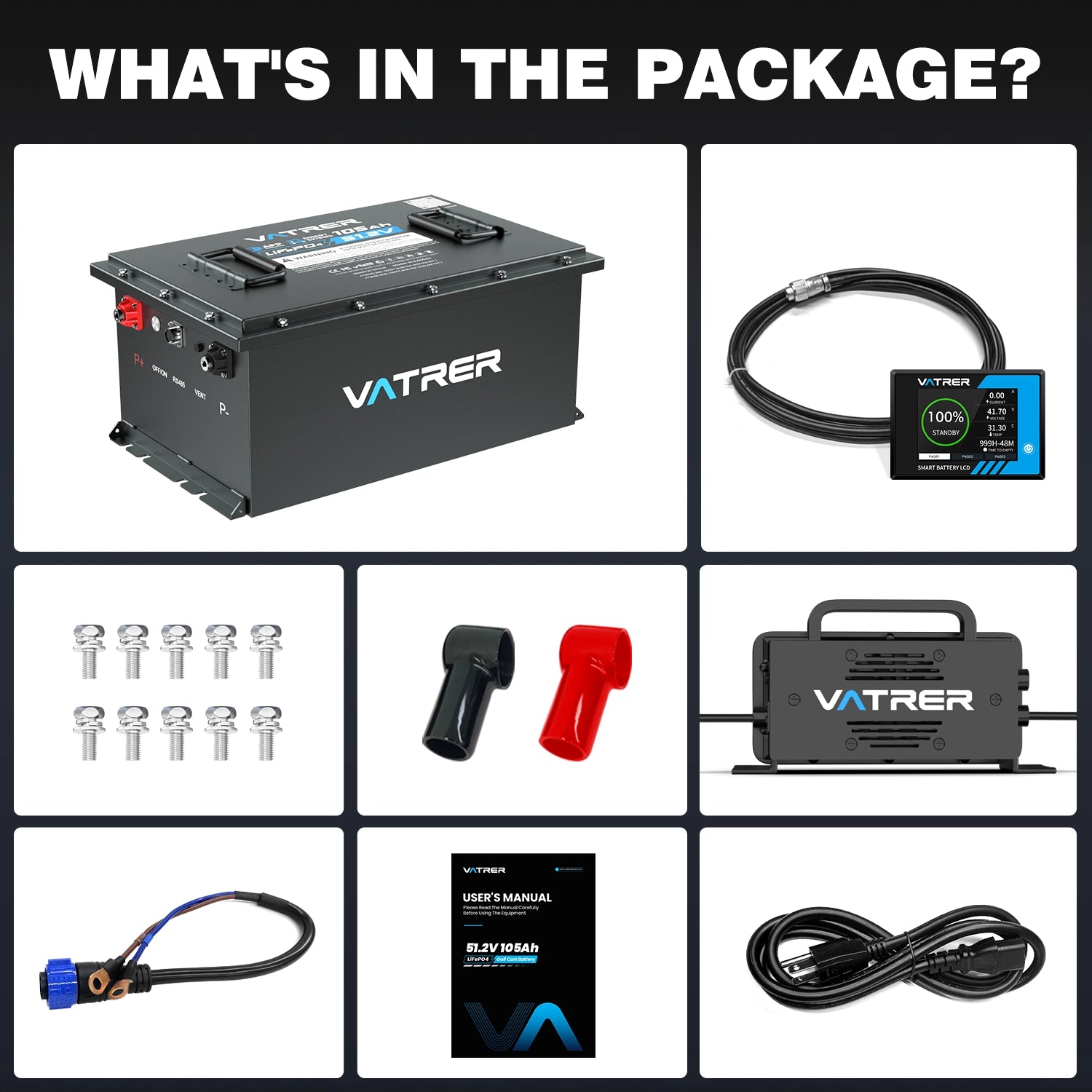 Vatrer 48V 105AH LiFePO4 Golf Cart Battery, 200A BMS, 4000+ Cycles Lithium Battery, Max 10.24kW Power EU 