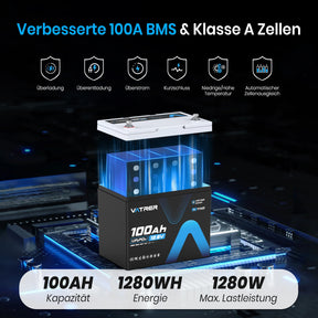 Vatrer 12V 100Ah  Group 24 Lithium Batterie, 100A BMS Low Temp LiFePO4 Batterie