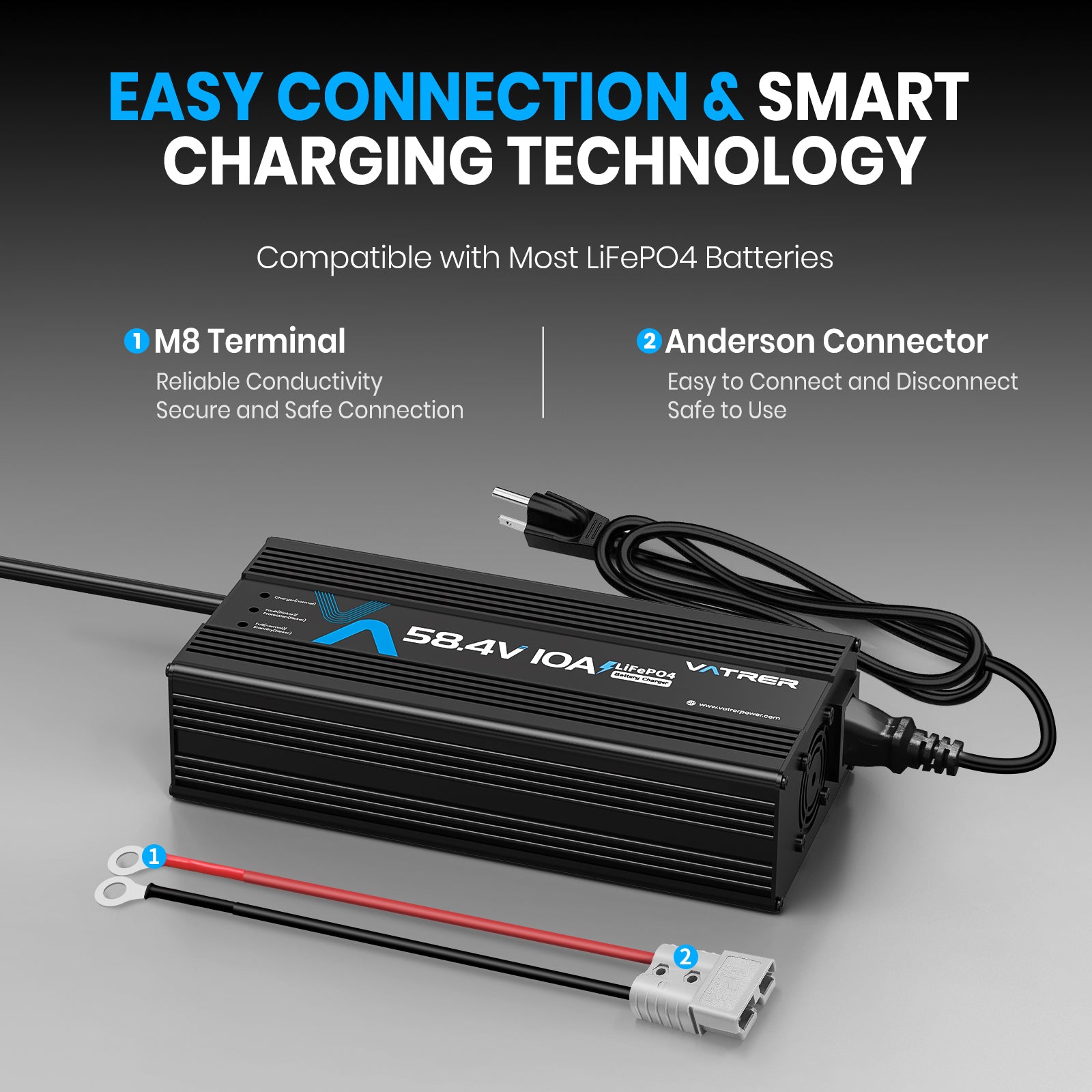 Vatrer 48V Lithium Battery Charger, 58.4V 10A AC-DC LiFePO4 Smart Battery Charger EU