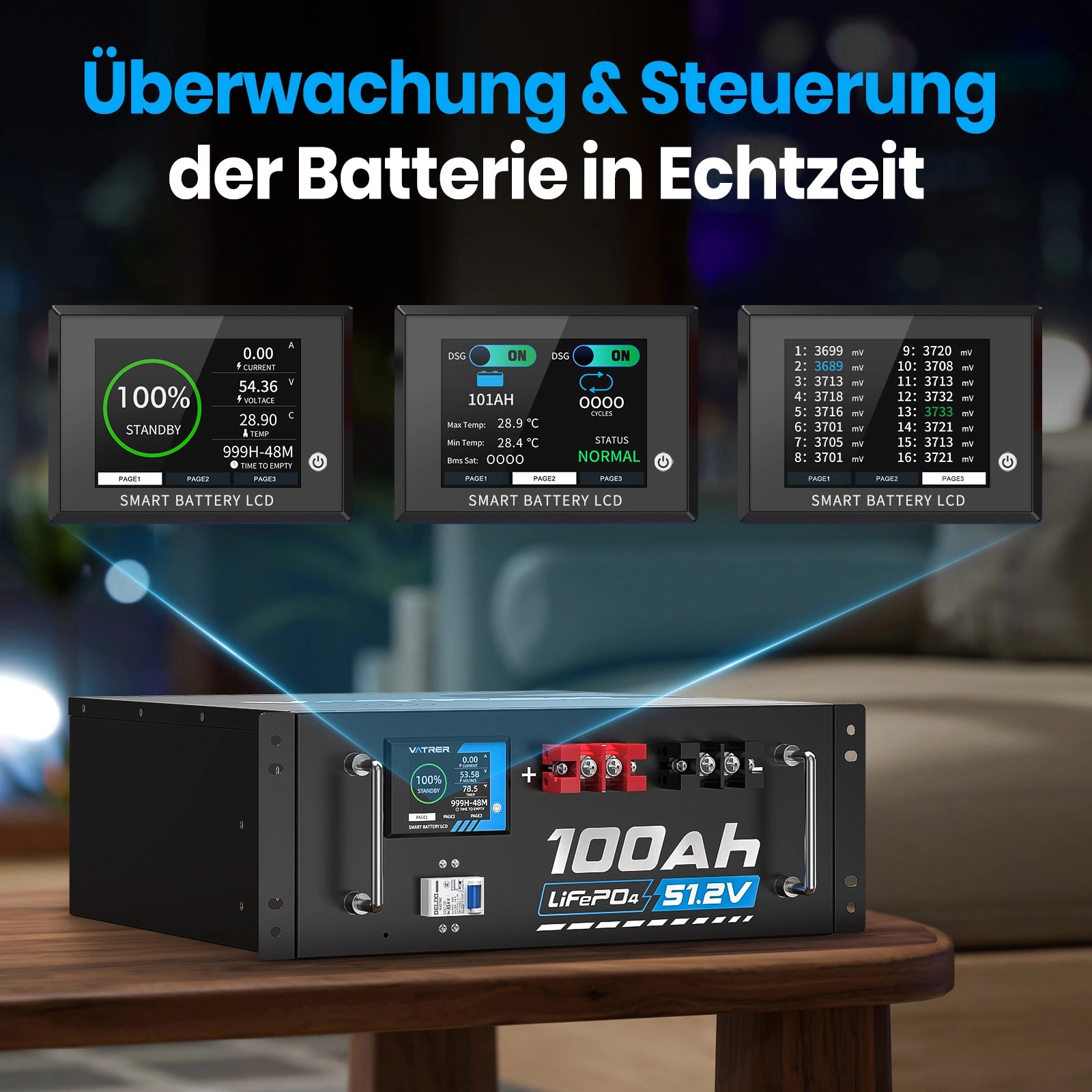 Vatrer 51,2V 100Ah LiFePO4 Lithium Solarbatterie, integriertes 100A BMS, max. 5120W Ladeleistung, Bluetooth-Version