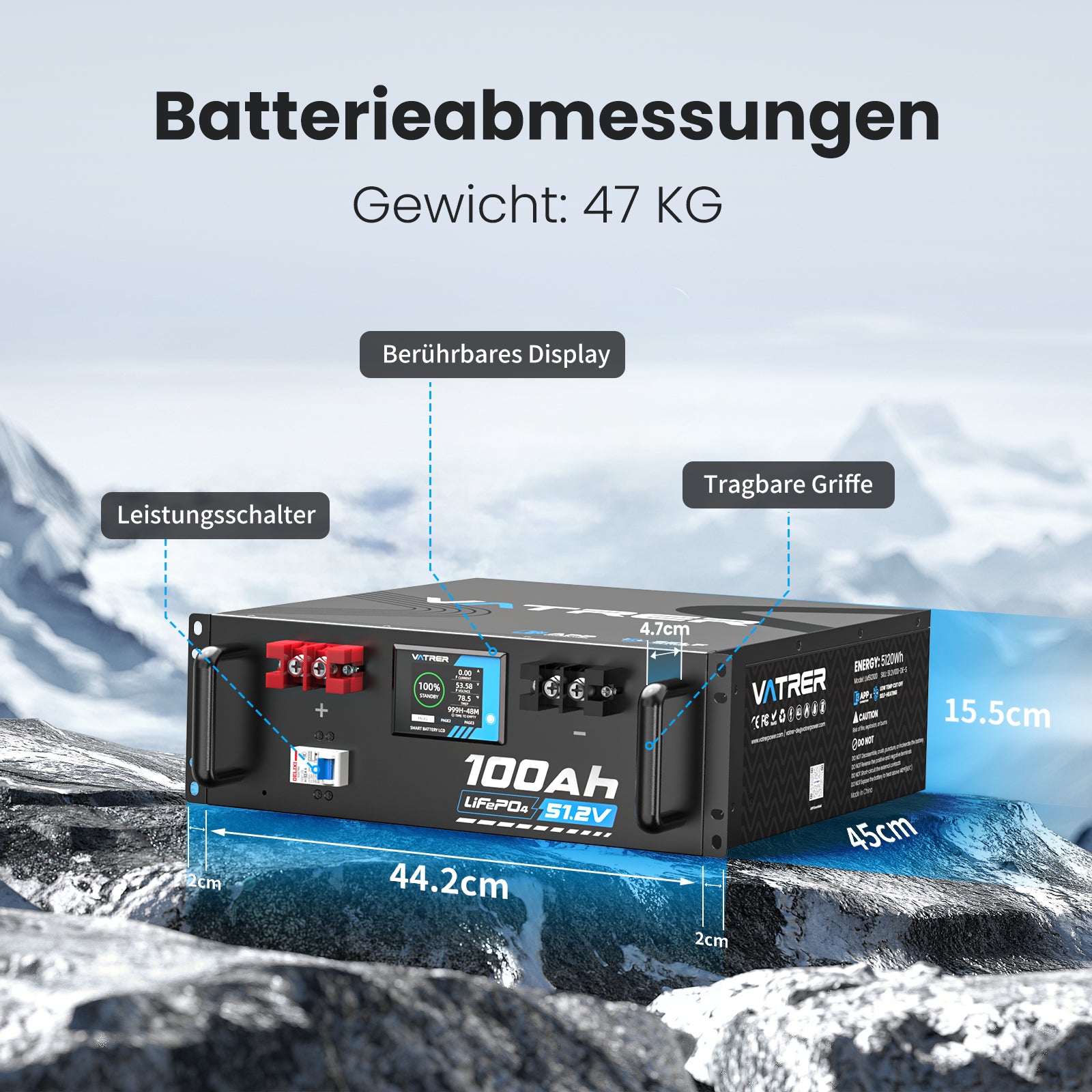Vatrer 48V (51,2V) 100Ah Selbstwärmende Lithium-Solarbatterie, Max. 5120W Ausgangsleistung