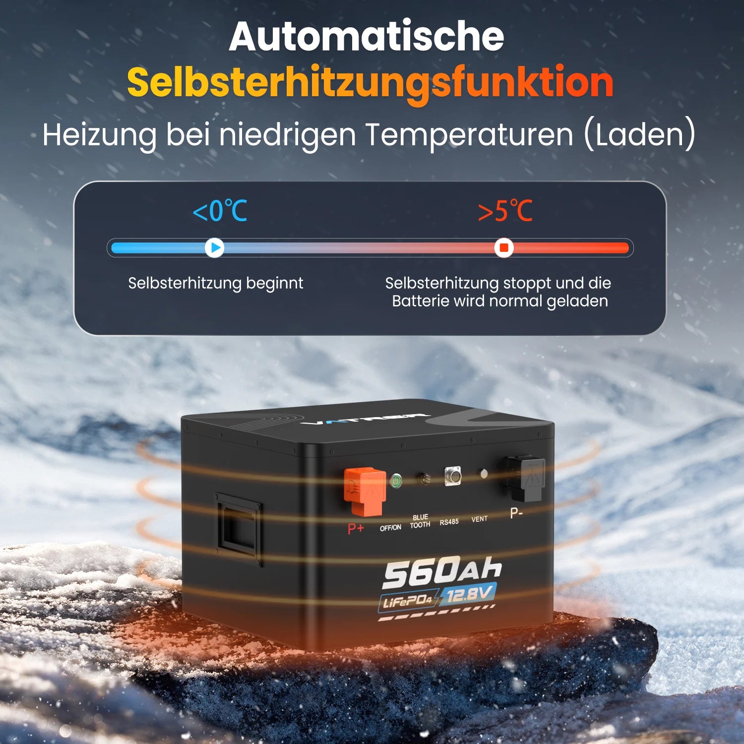 VATRER 12V 560Ah Selbsterwärmung LiFePO4 Lithium Batterie