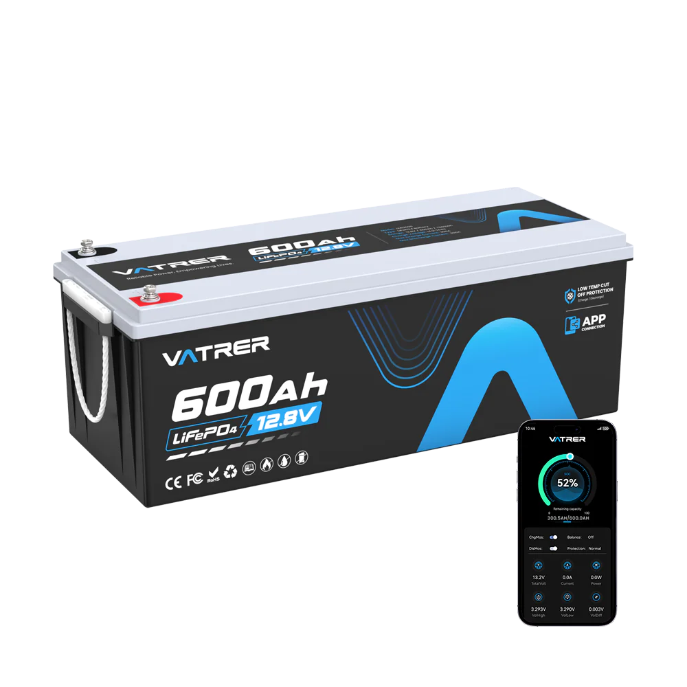 Vatrer 12 V 600 Ah Bluetooth-Lithium-Batterie für Wohnmobile 300 A BMS