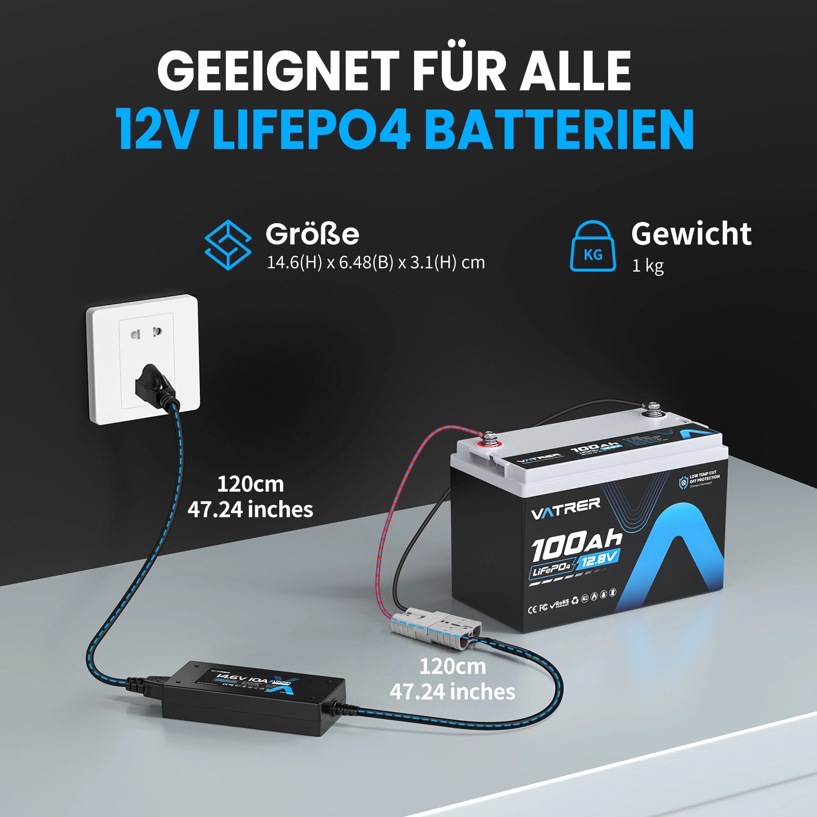 Vatrer 14,6V 10A Intelligentes AC-DC-Ladegerät für 12V Lithium-Eisenphosphat