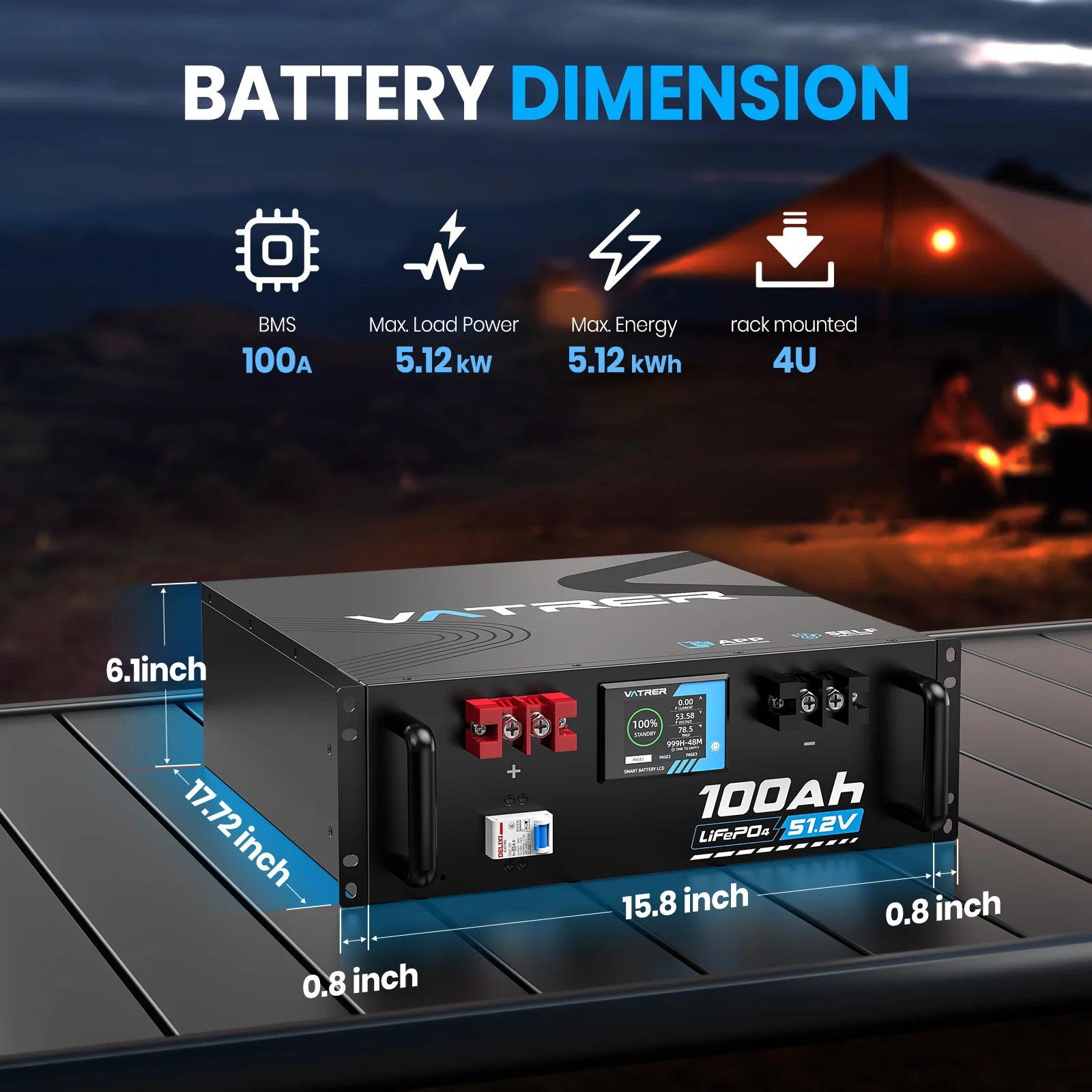 Vatrer 48V(51.2V) 100Ah Heated Lithium Solar Battery, Max 5120W Load Power EU