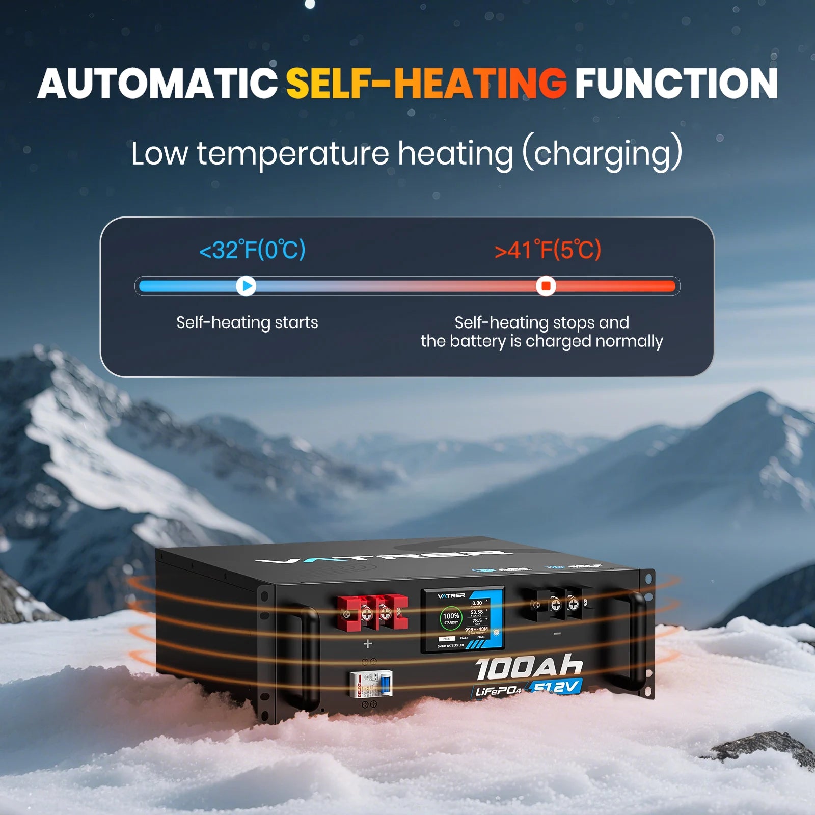 Vatrer 48V(51.2V) 100Ah Heated Lithium Solar Battery, Max 5120W Load Power EU