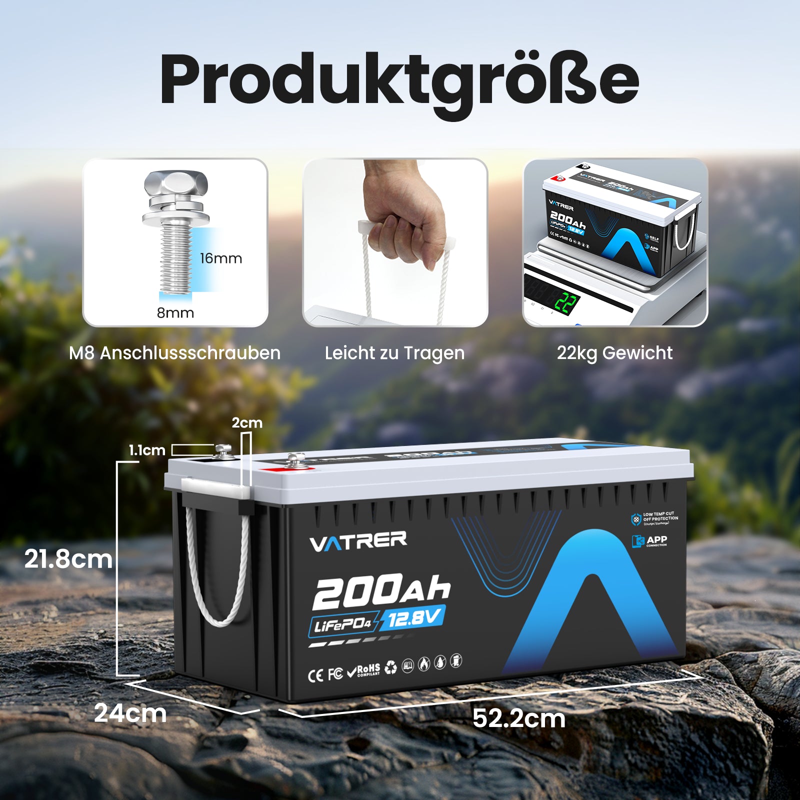 Vatrer 12V 200Ah Plus Lithium batterie mit Bluetooth 200A BMS