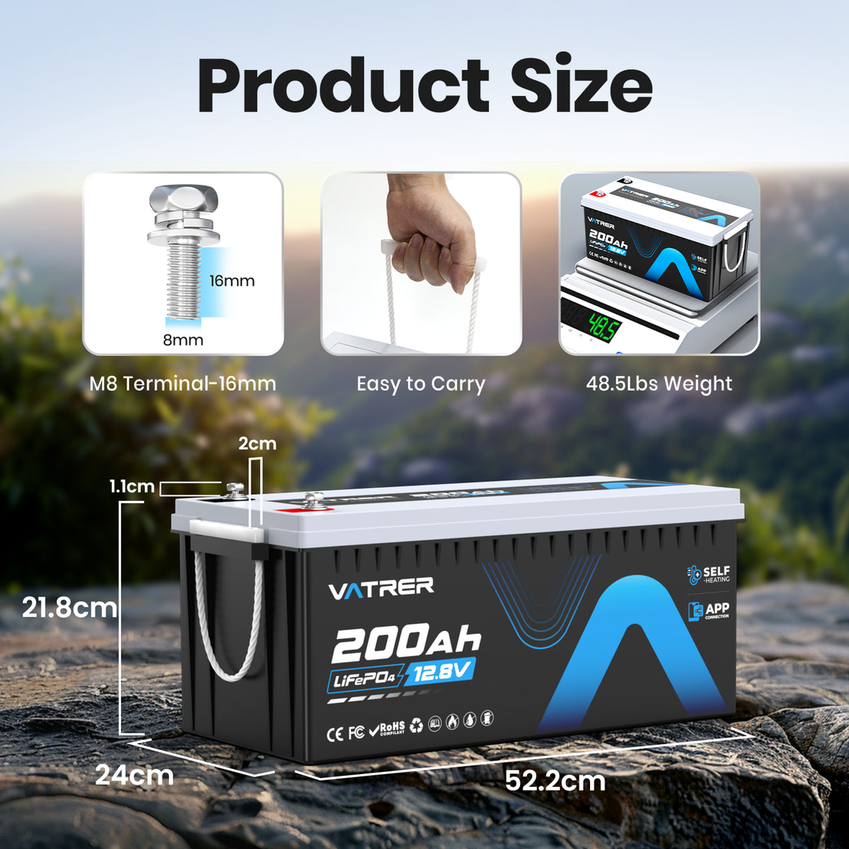 Vatrer 12V 200Ah Bluetooth LiFePO4 Self-Heating Lithium Battery 200A BMS EU